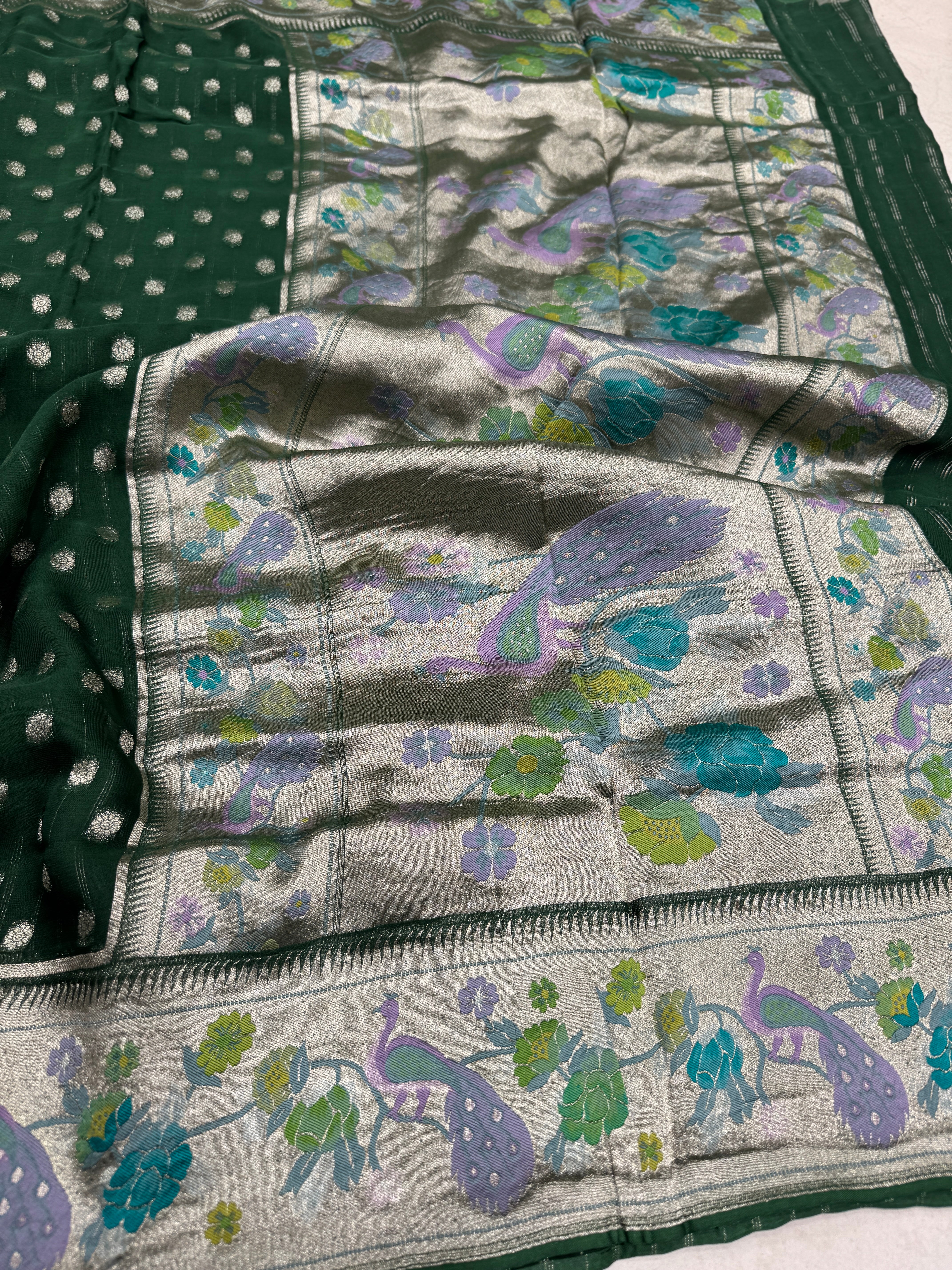 Bottle Green Georgette Paithani Saree