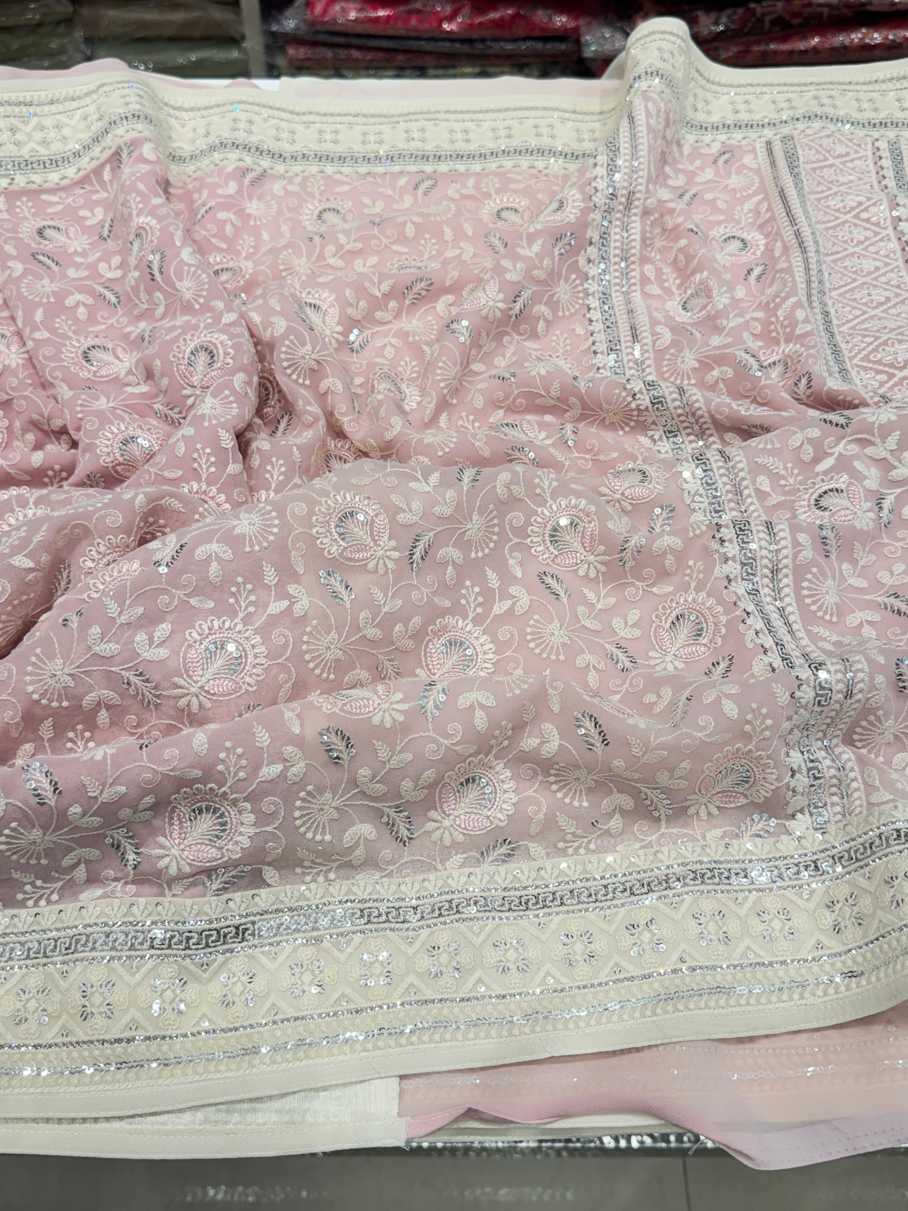 Pink Chikankari Saree Floral Design with Moti Embroidery