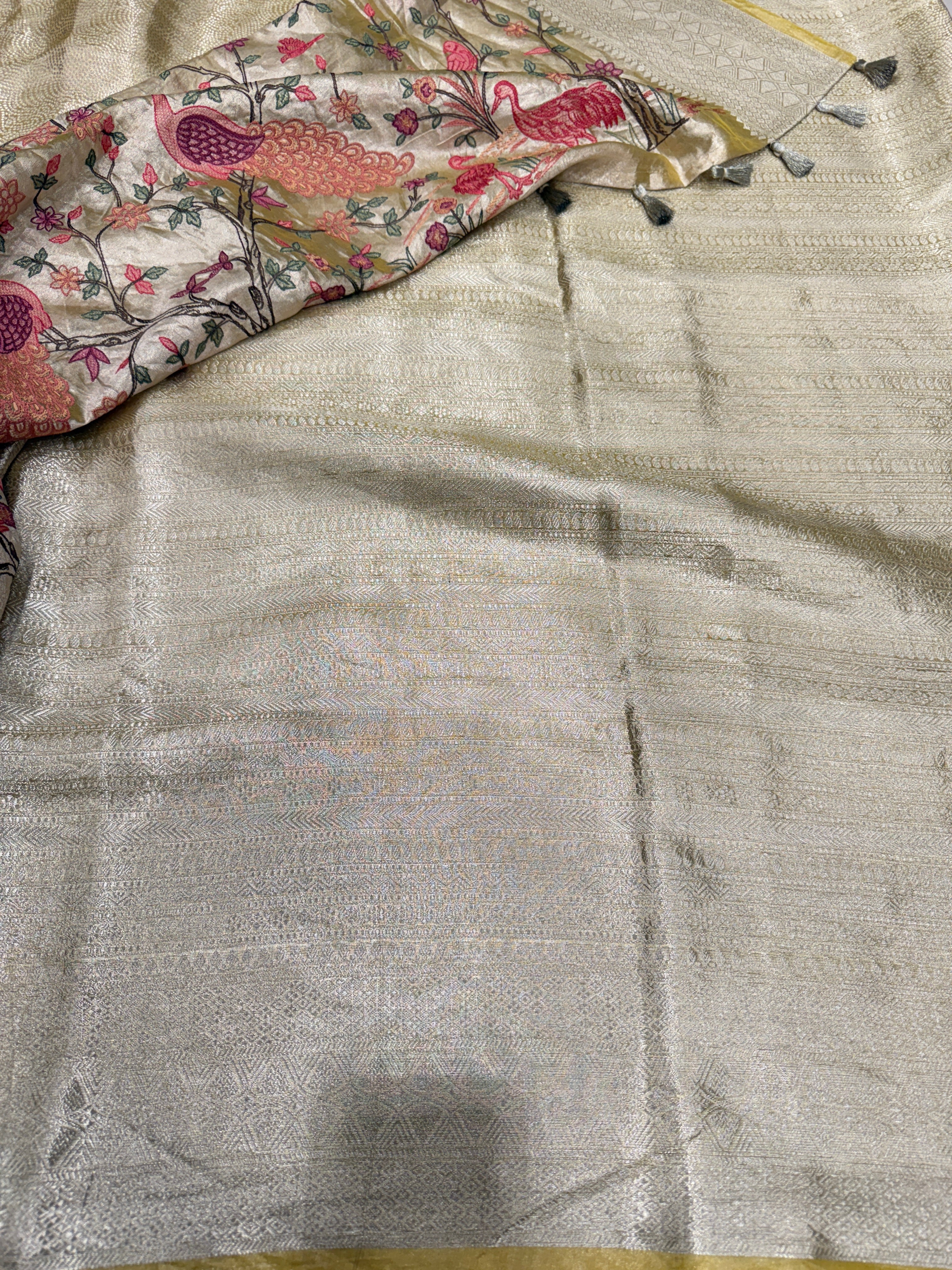 Yellow Handloom Tissue Peacock Contemporary Resham Embroidery Saree