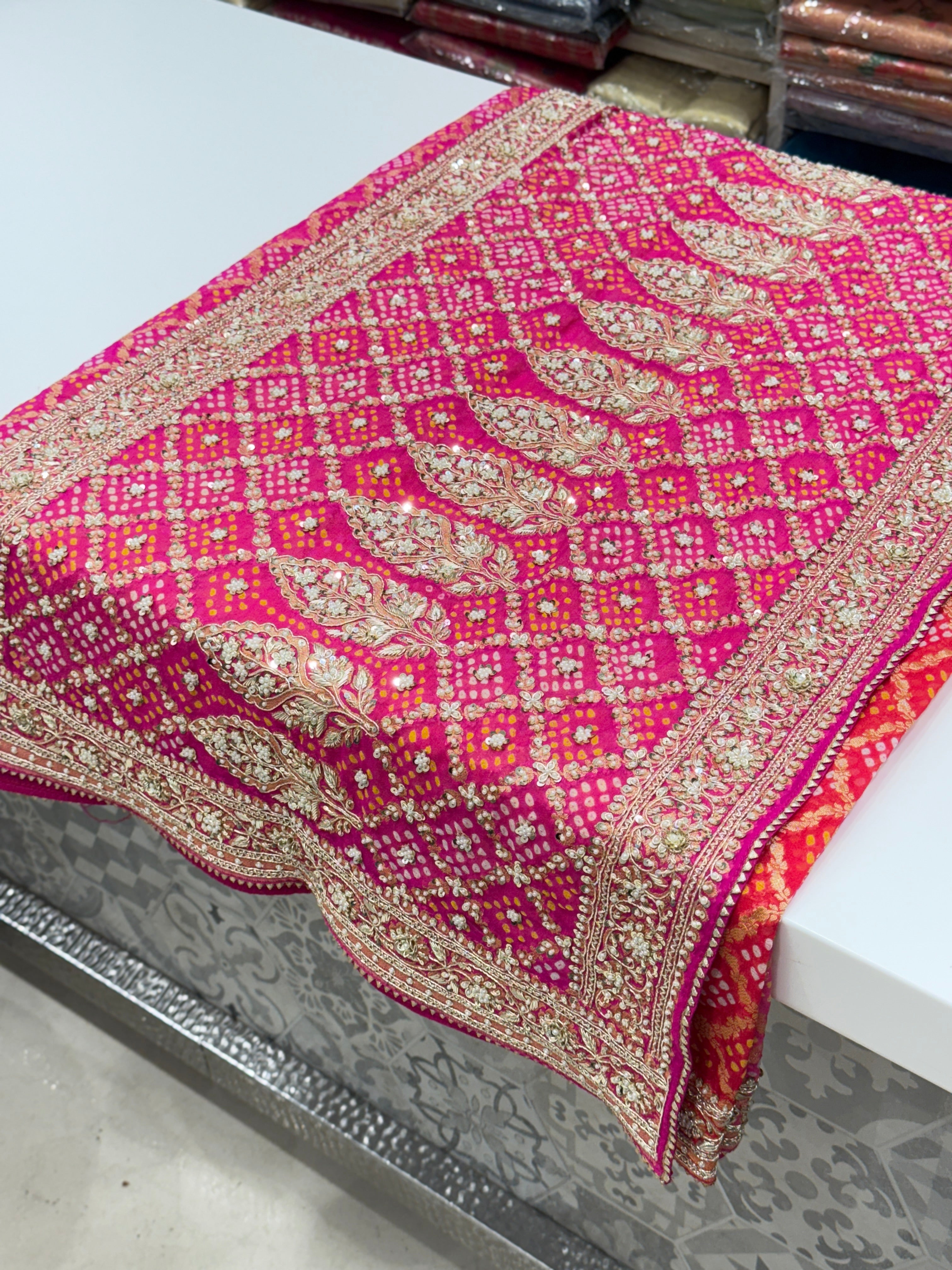 Six Colour Shaded Hand Embroidery Bandhej Saree