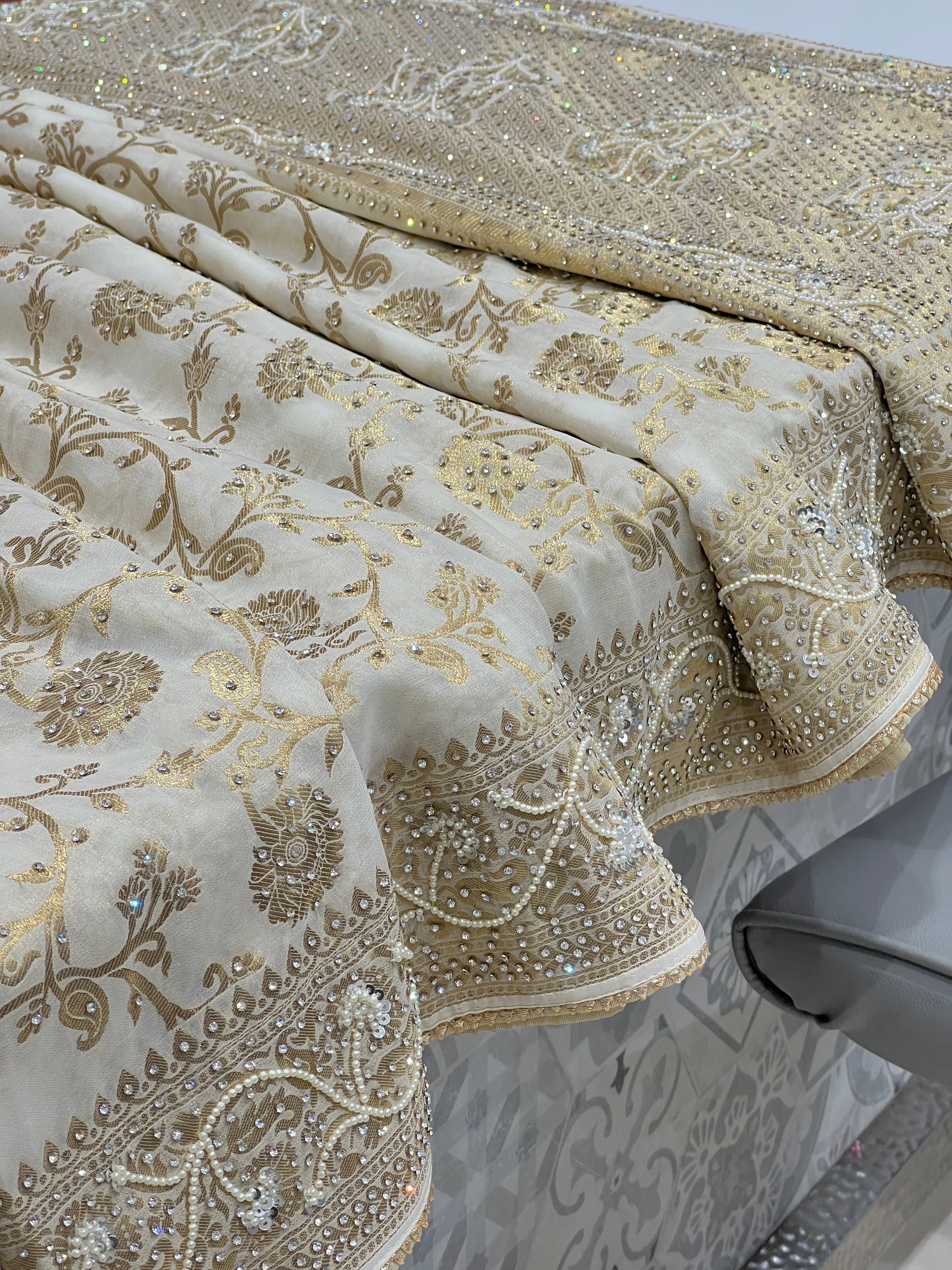Beige Baghban Jaal Banarasi Georgette Hand Embroidery Saree