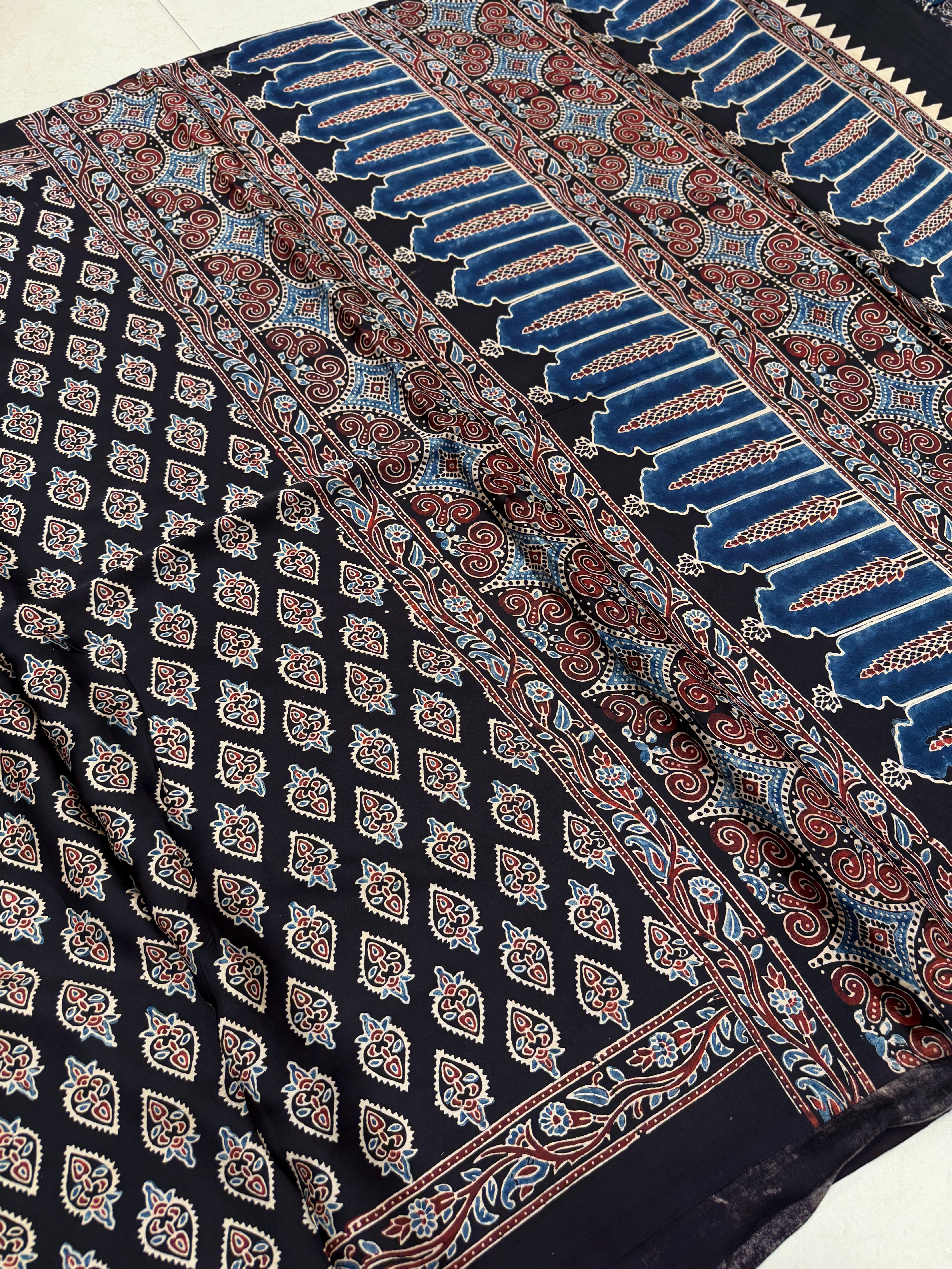 Black Keri Buttas Ajrakh Block Print Hand Pure Gajji Silk Saree