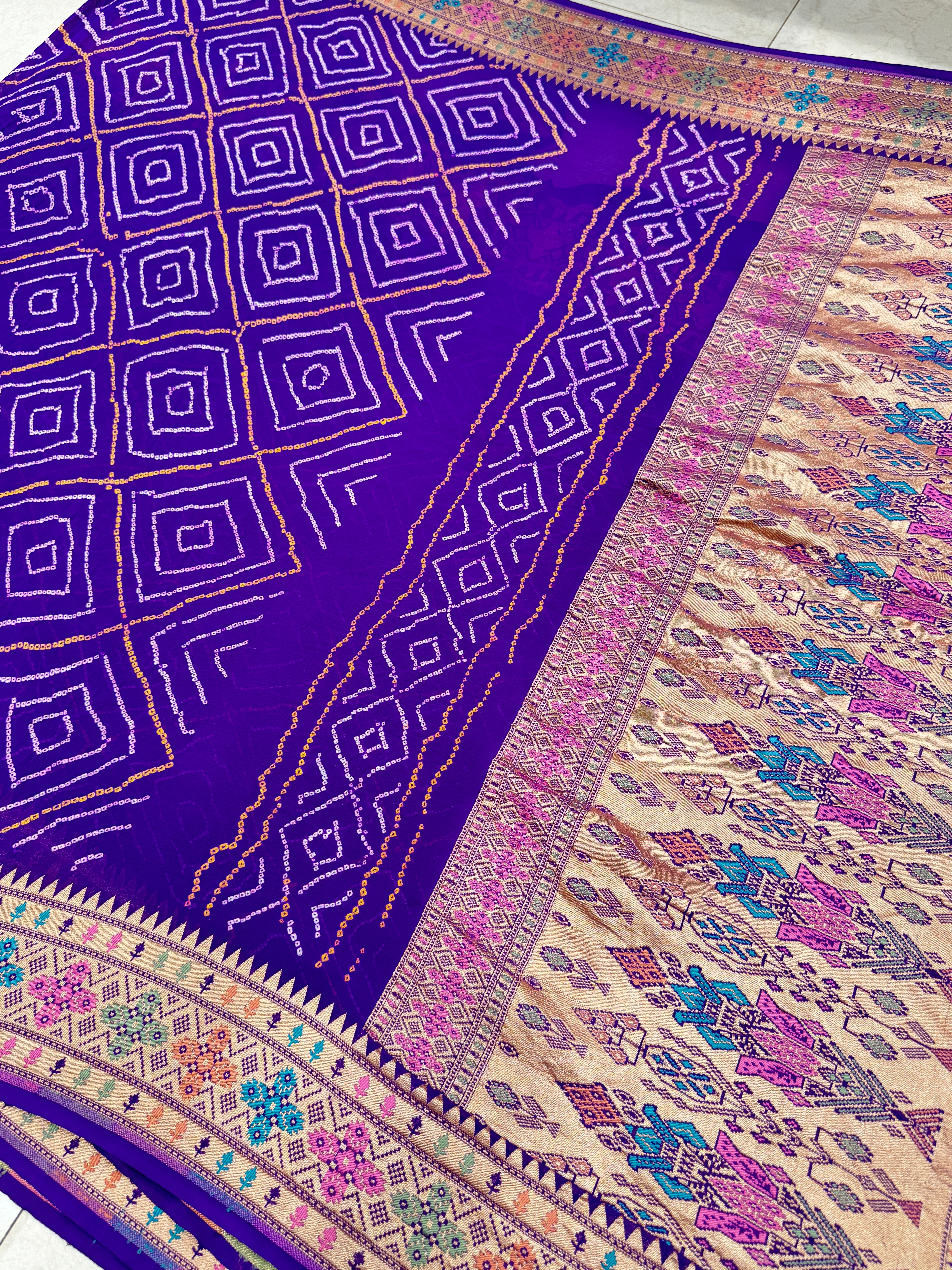 Violet Rai Bandhej Saree with Meenakari Weave