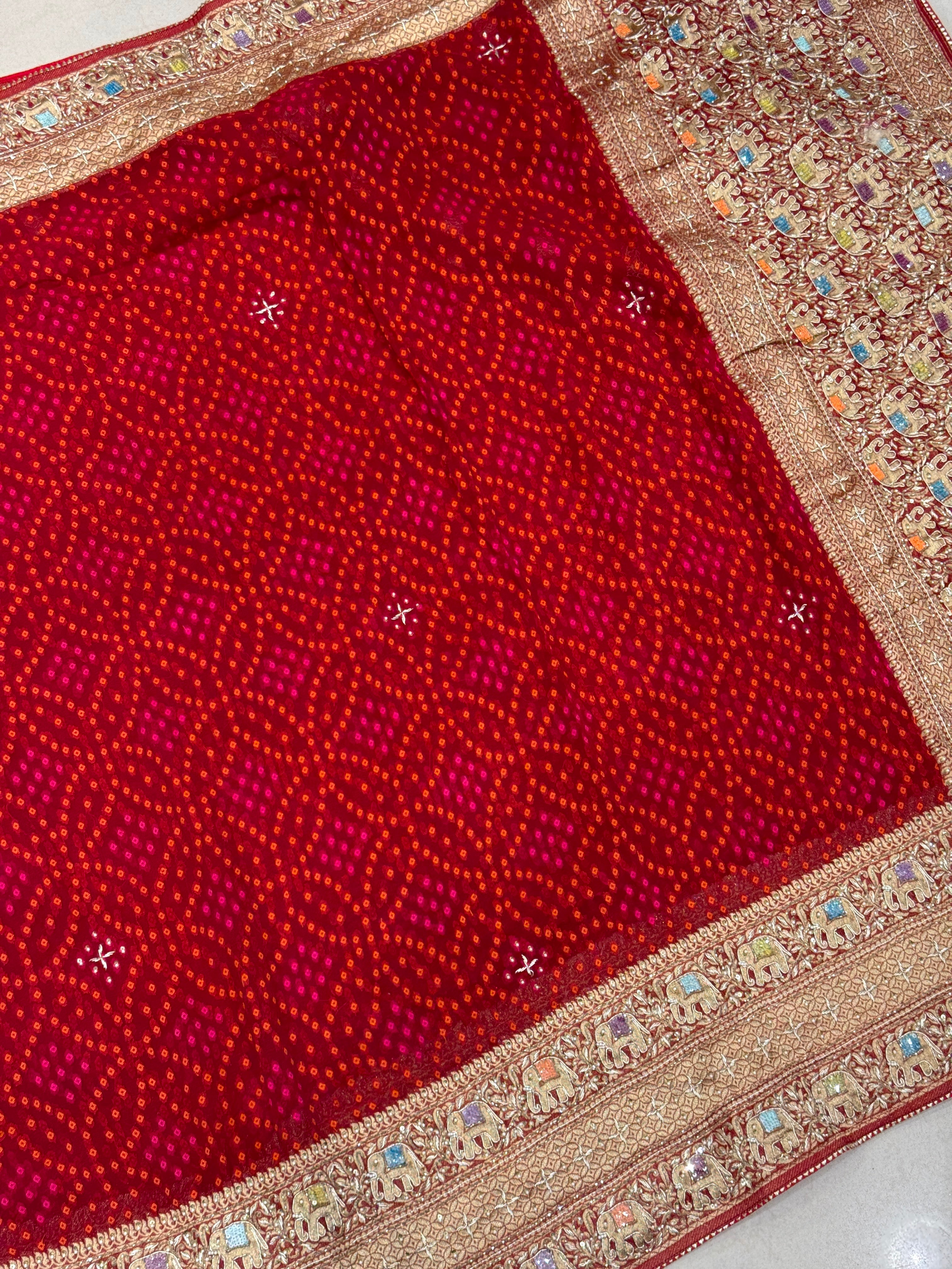 Red Bandhej Georgette Elephant Theme Hand Embroidery Saree