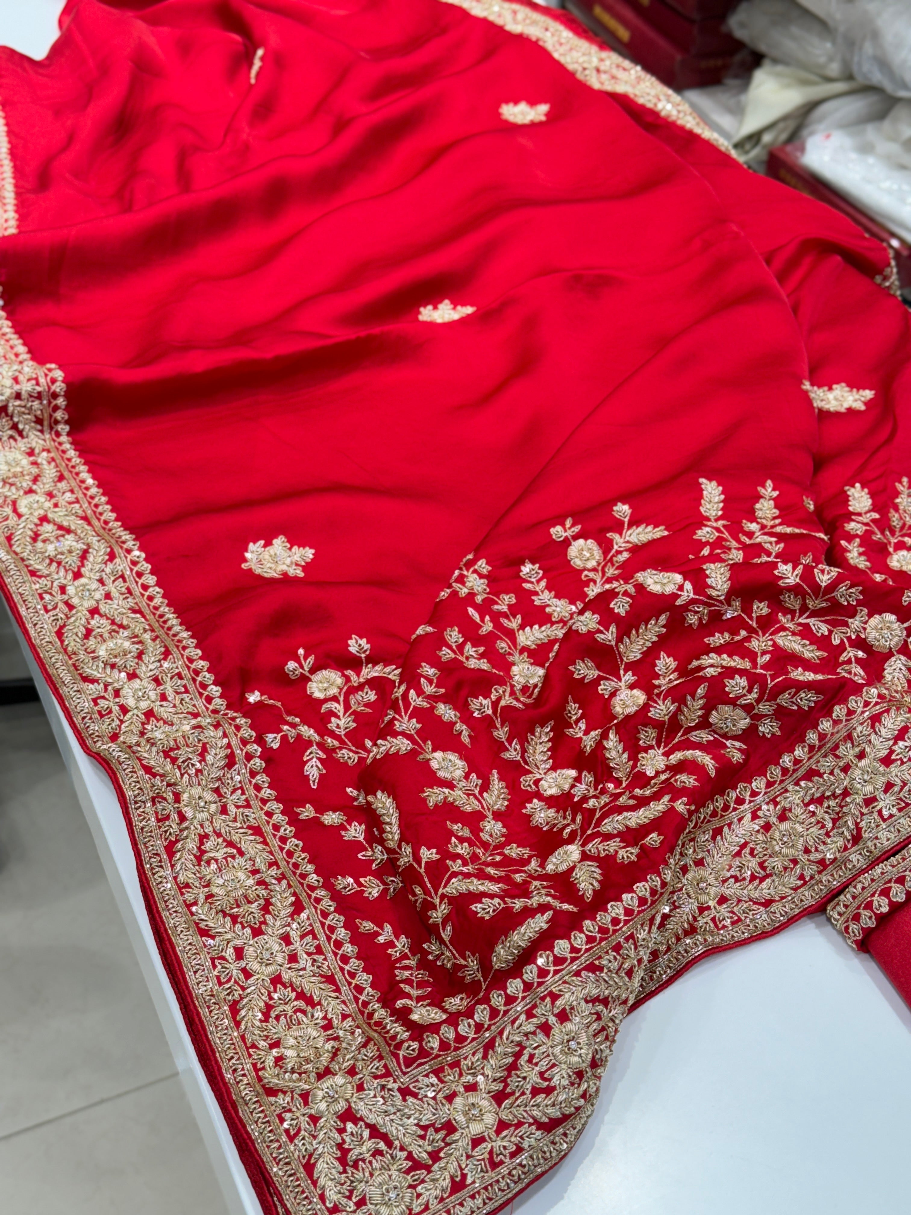 Red Satin Zardosi Saree