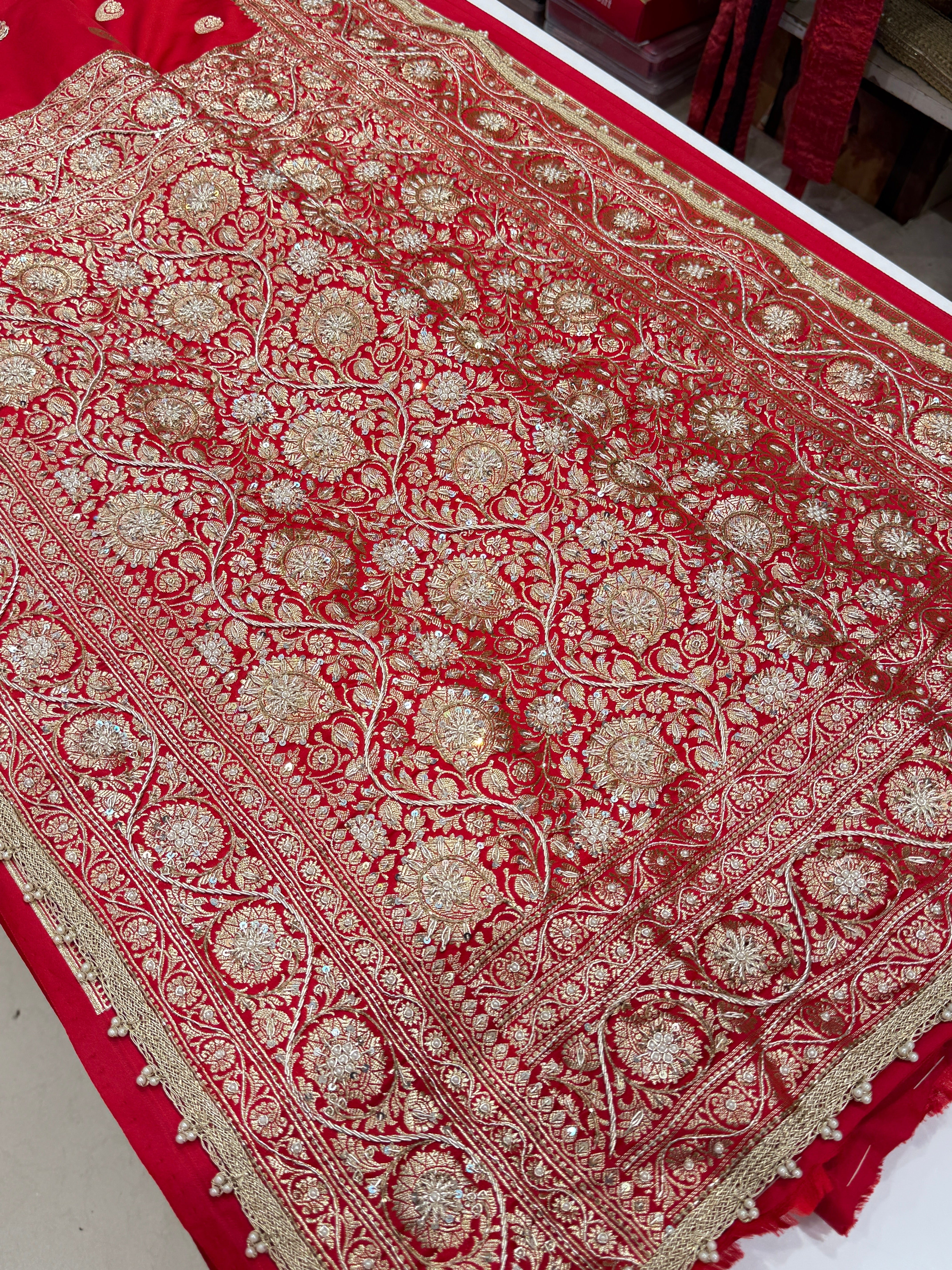 Red Banarasi Chand Buttis Zardosi Hand Embroidery Saree