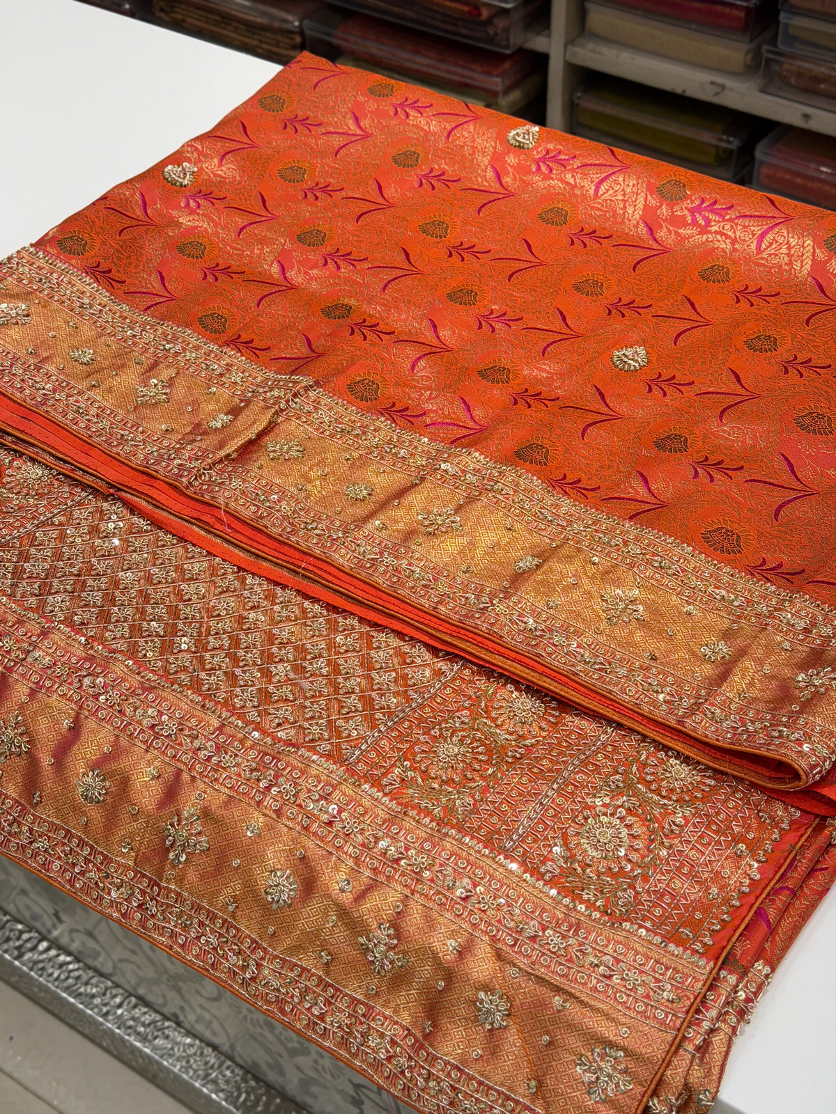 Rust Orange Meenakari Kanjivaram Zardosi Hand Embroidery Saree