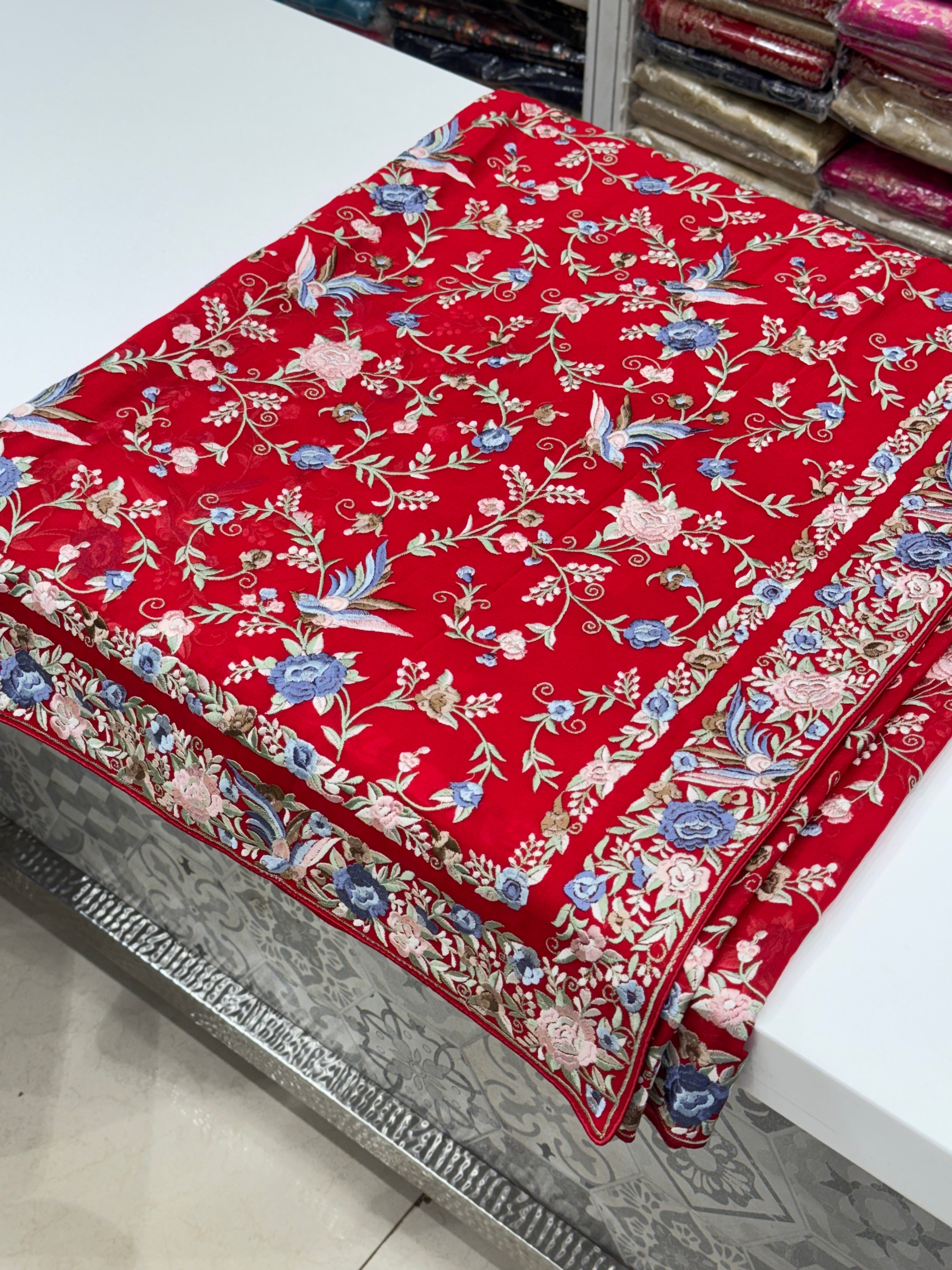 Red Double Border Georgette Parsi Gara Saree