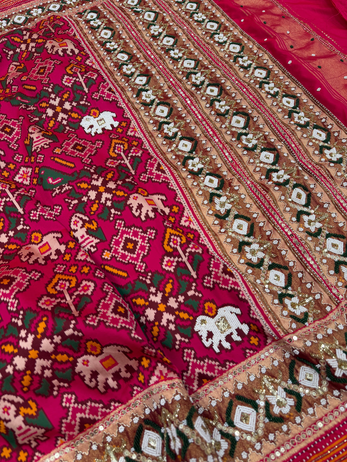 Rani Pink Semi Silk Patola Kidiya Moti Hand Embroidery Saree