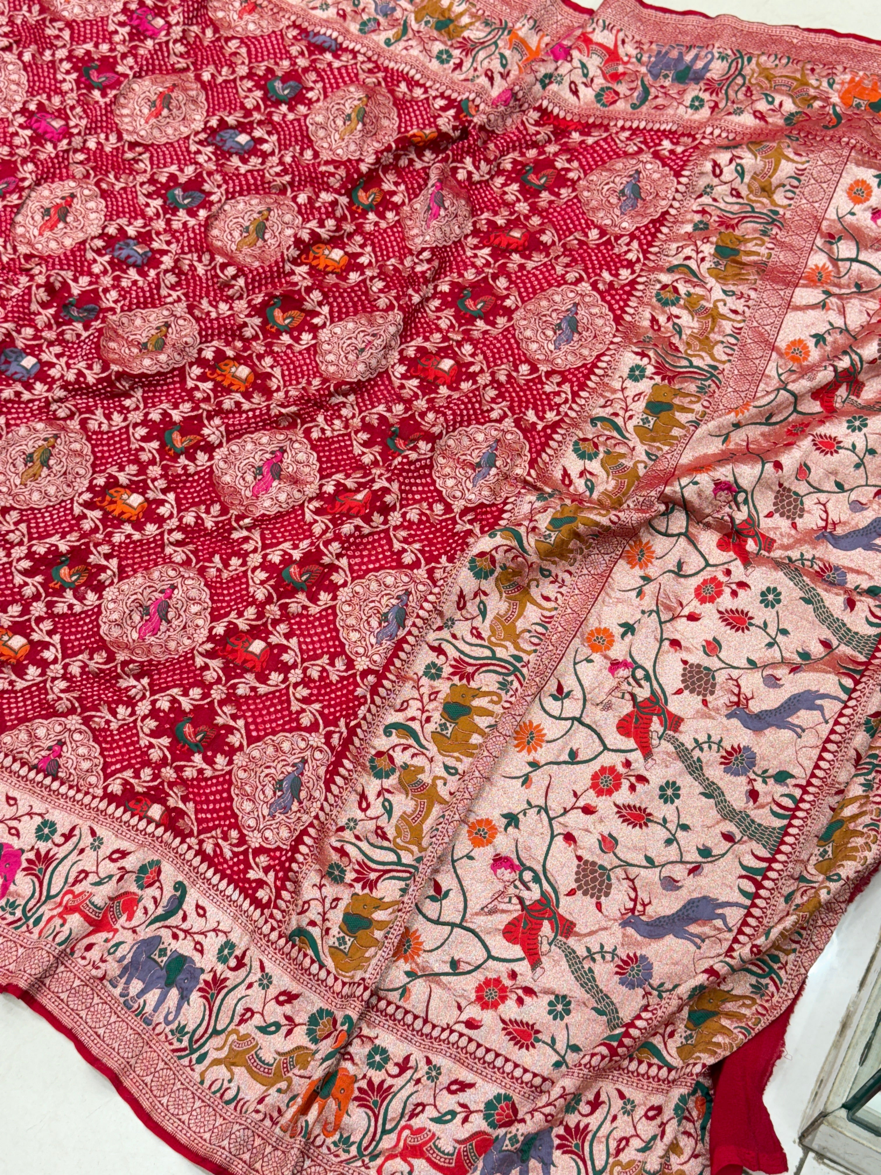 Red Handloom Meenakari Rai Bandhej Pure Zari Dupatta