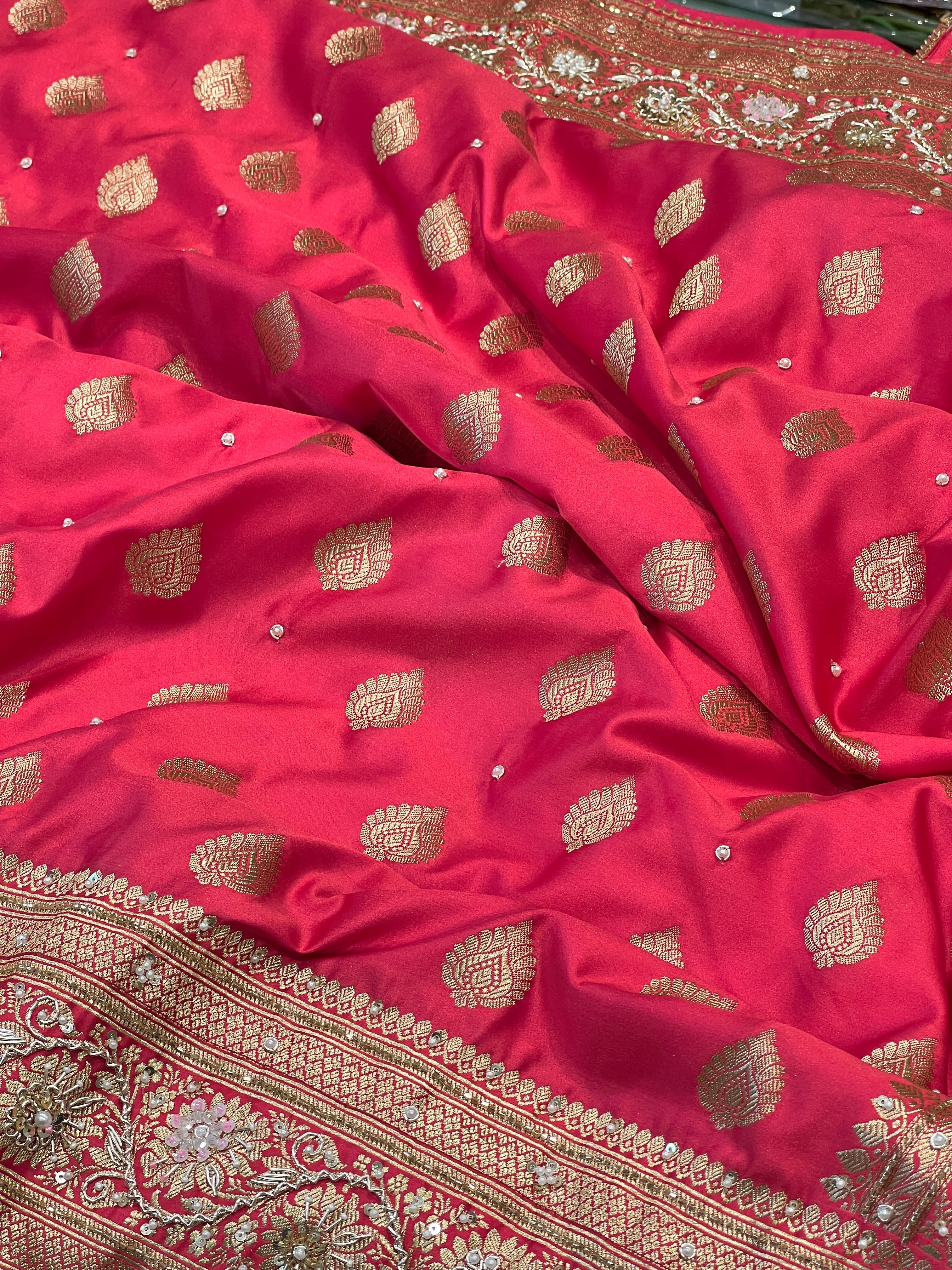 Strawberry Banarasi Silk Butti Hand Embroidery Saree