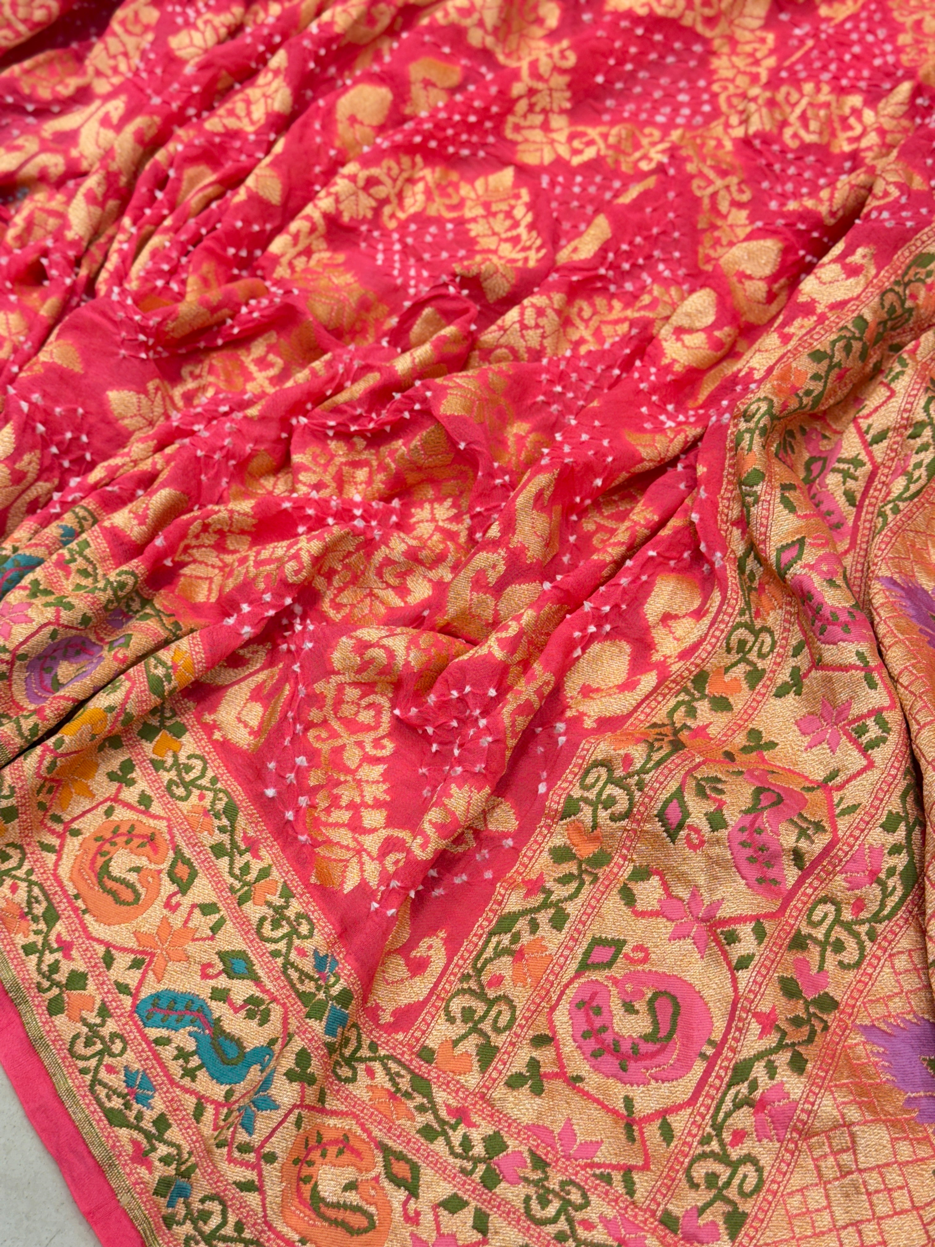 Peach Meenakari Rai Peacock Parrot Theme Bandhej Saree