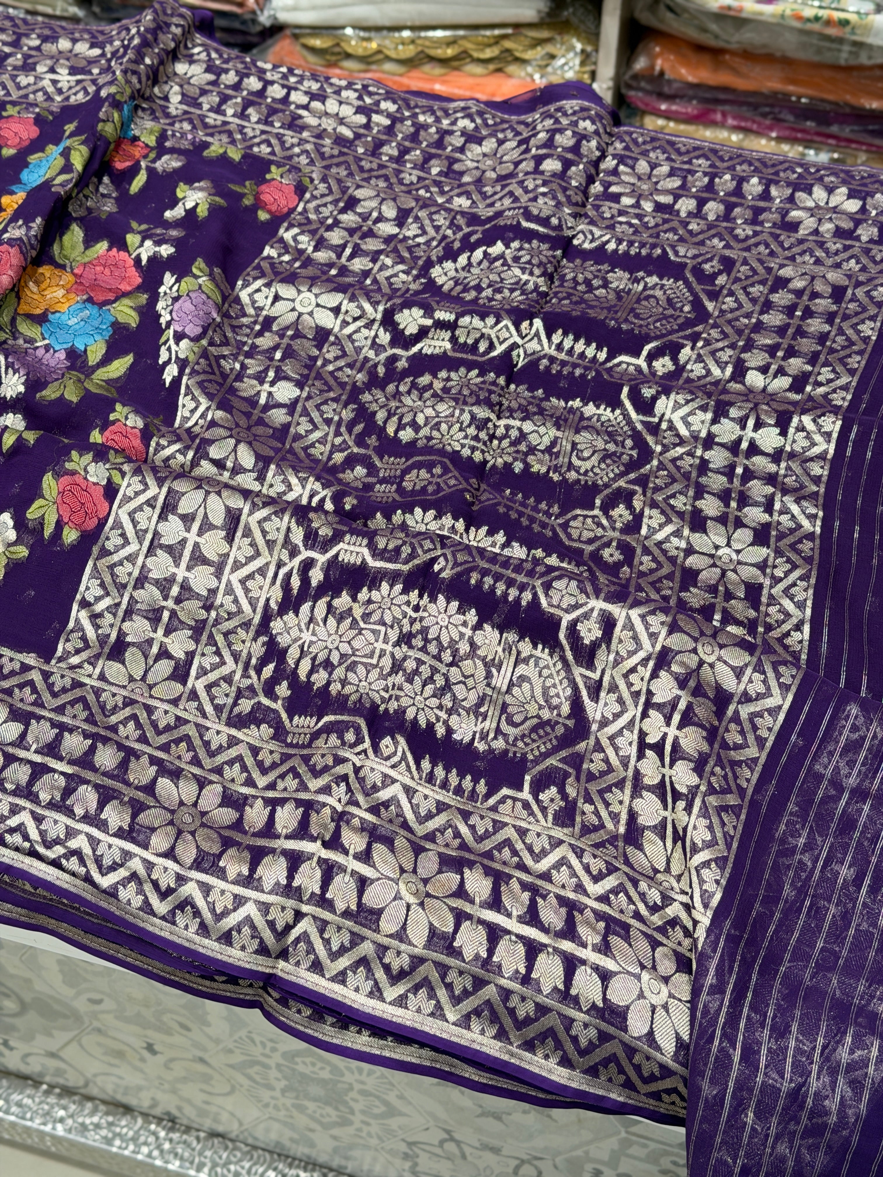 Violet Meenakari Floral Banarasi Khaddi Georgette Saree