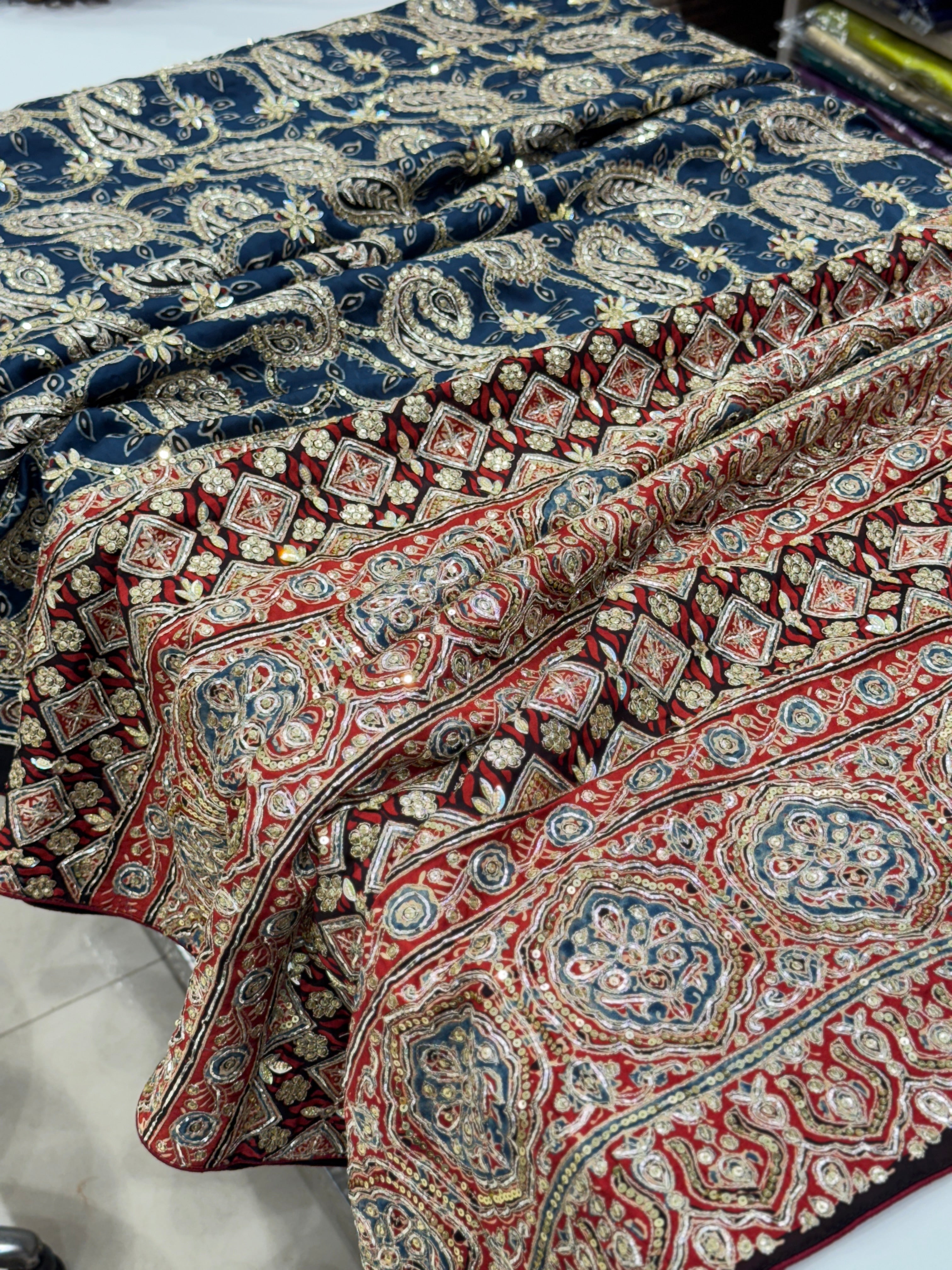 Ajrakh Blue Red Pallu Jaal Hand Embroidery Zardosi and Pita Work