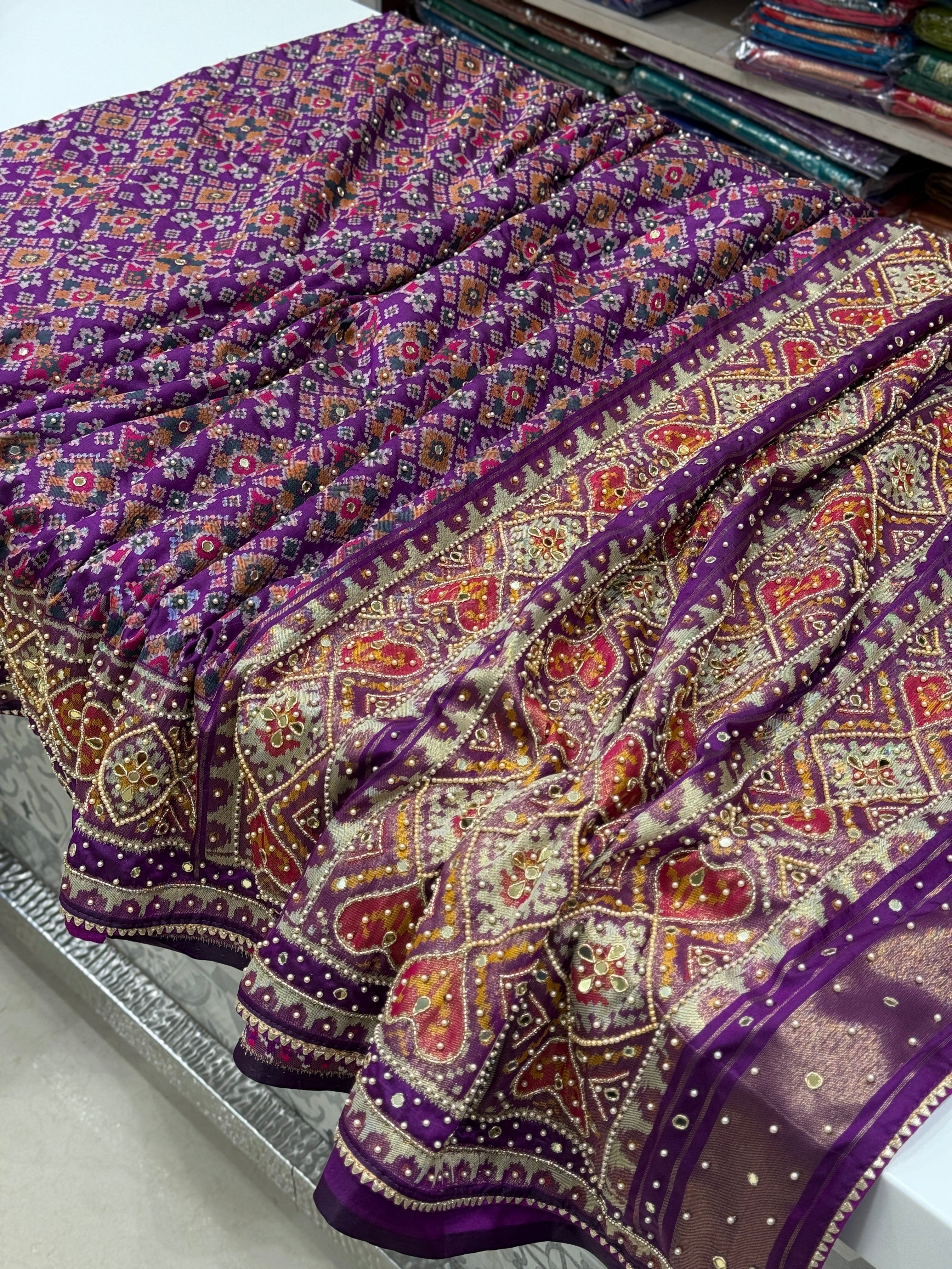 Violet Patola Moti Hand Embroidery Saree