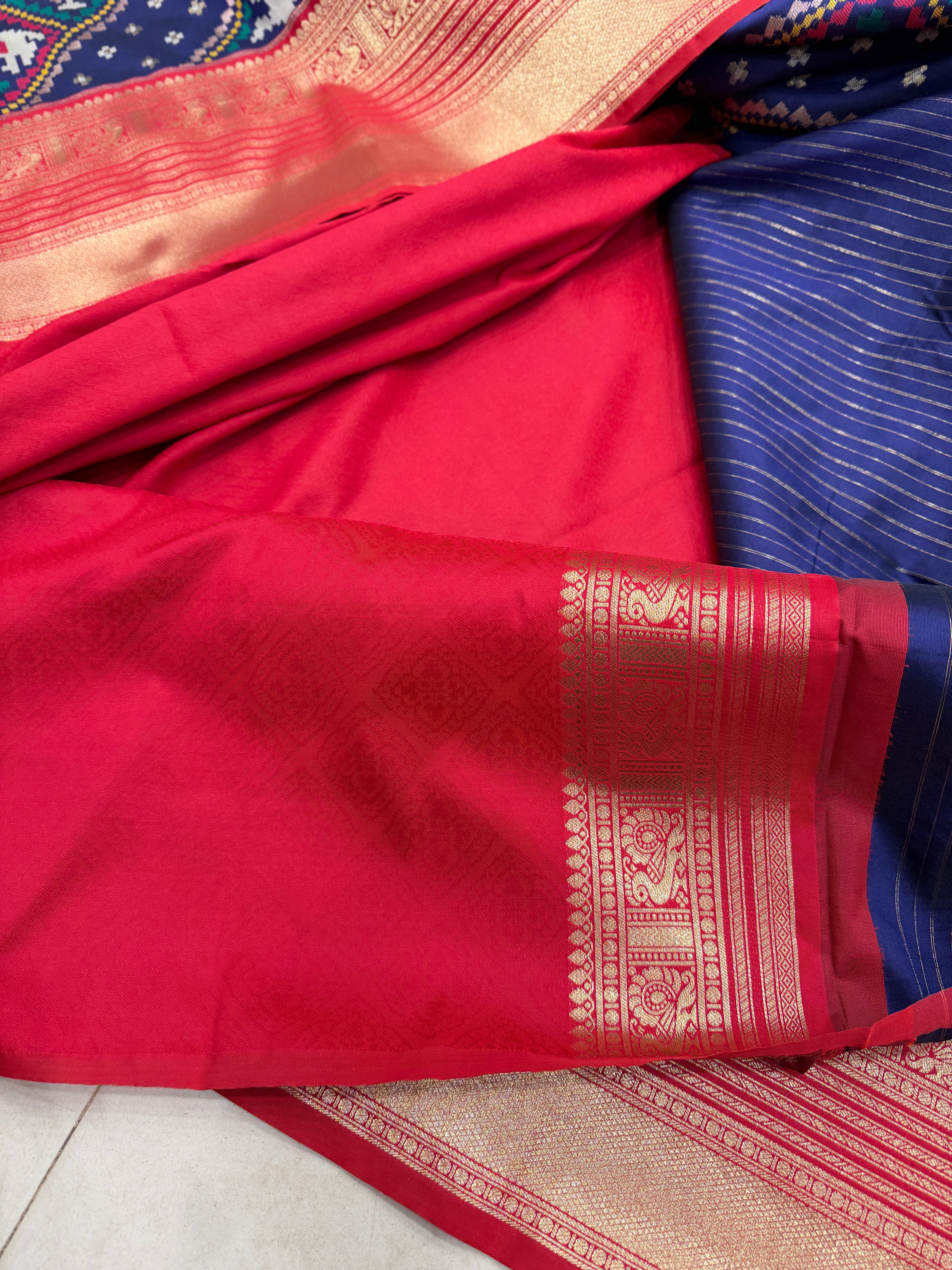 Blue Banarasi Patola Leheriya Kanjivaram Style Border Saree