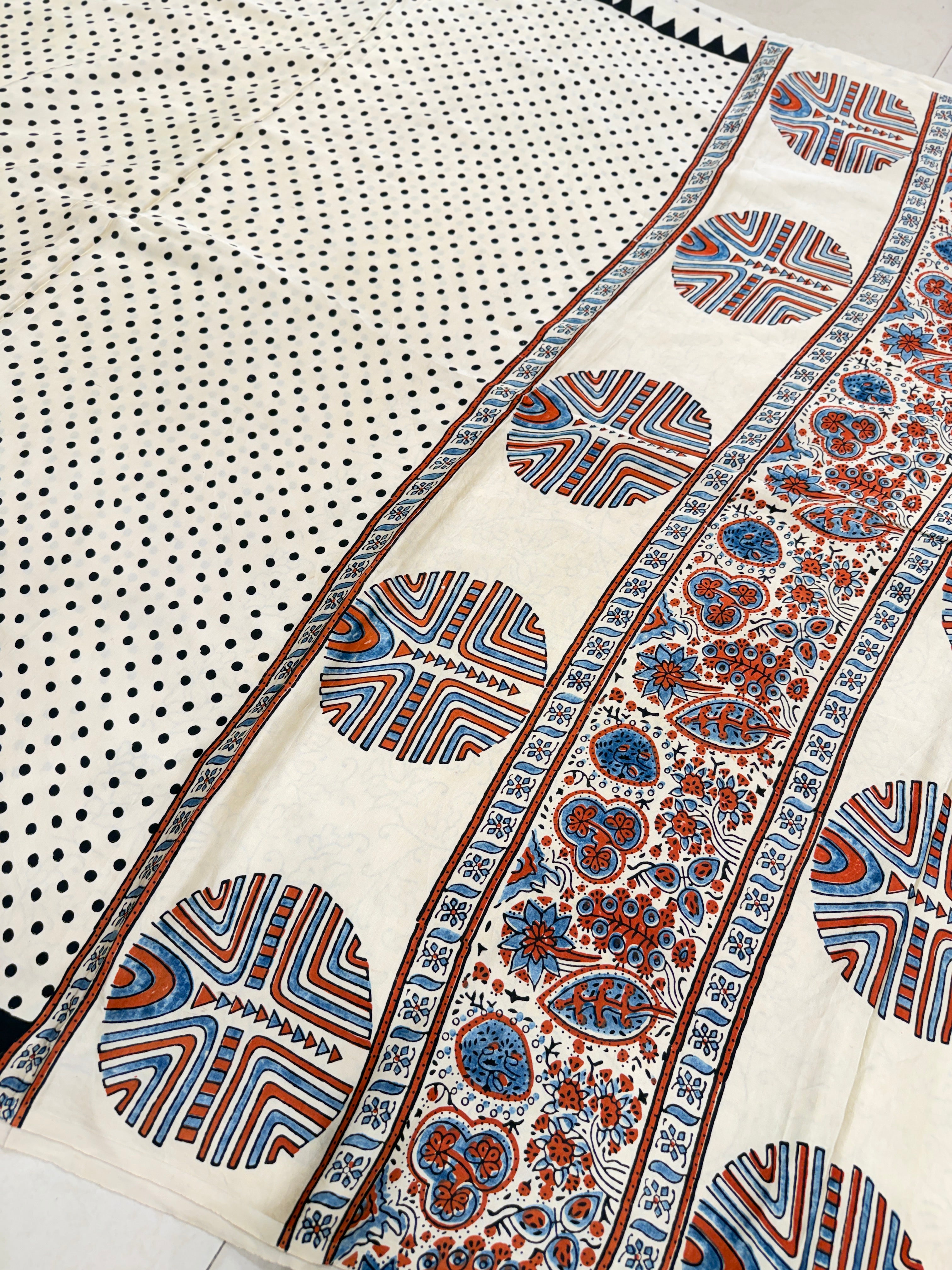 White Polka Dot Ajrakh Hand Block Print Pure Gajji Silk Saree