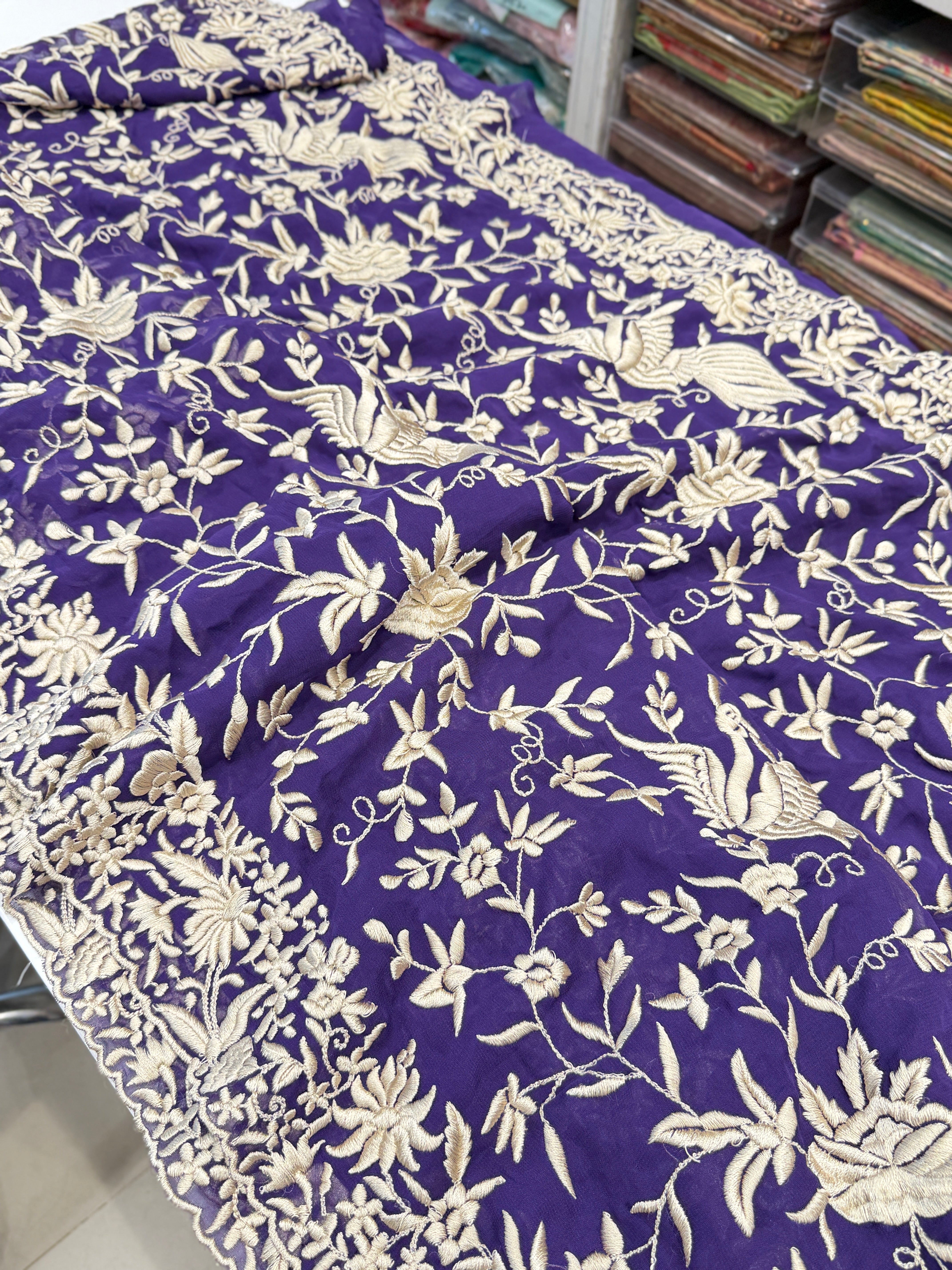 Violet Georgette Floral Jaal Flamingo Resham Embroidery Saree