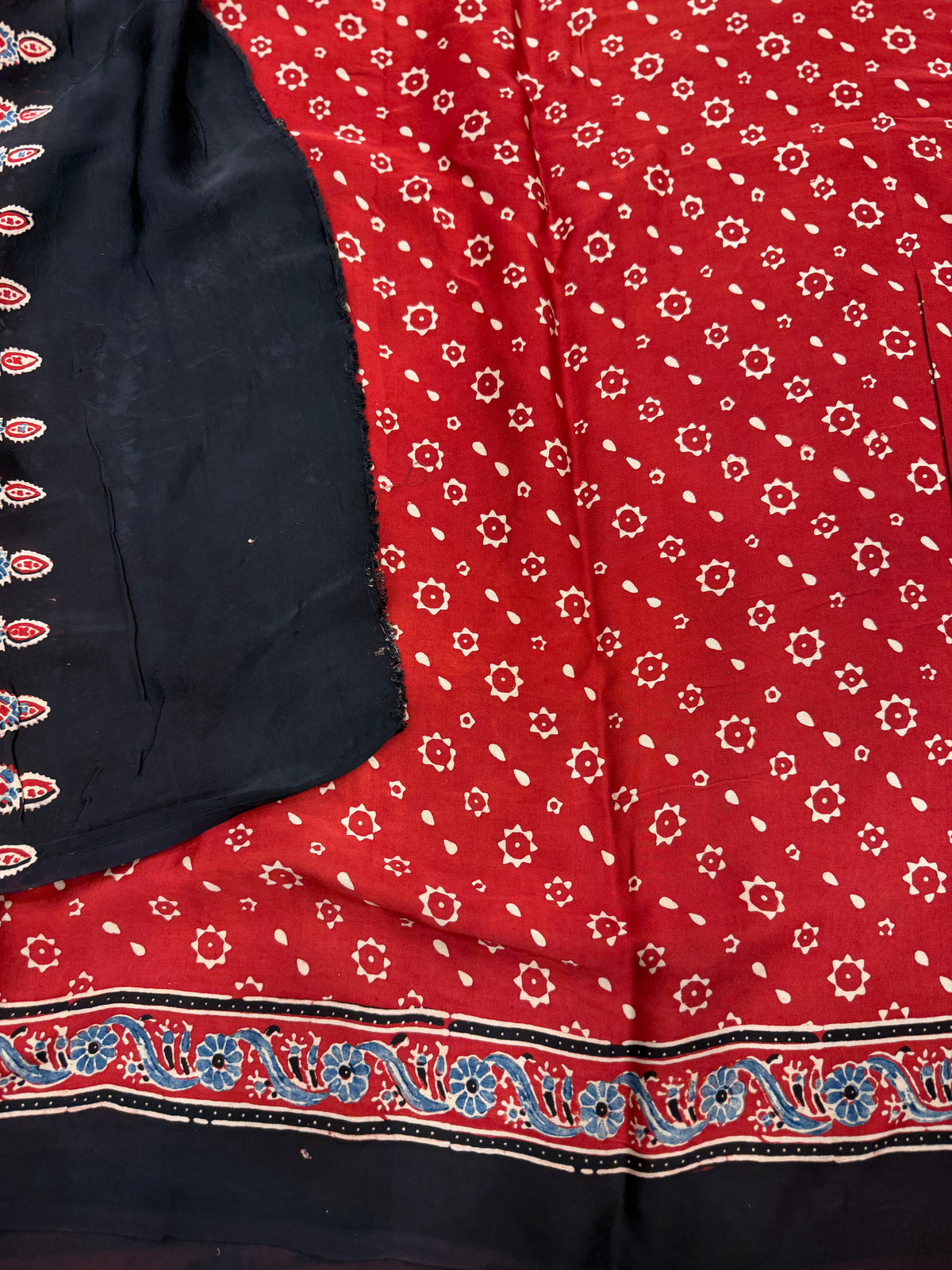 Red Manek Jaal Ajrakh Hand Block Print Pure Gajji Silk Saree