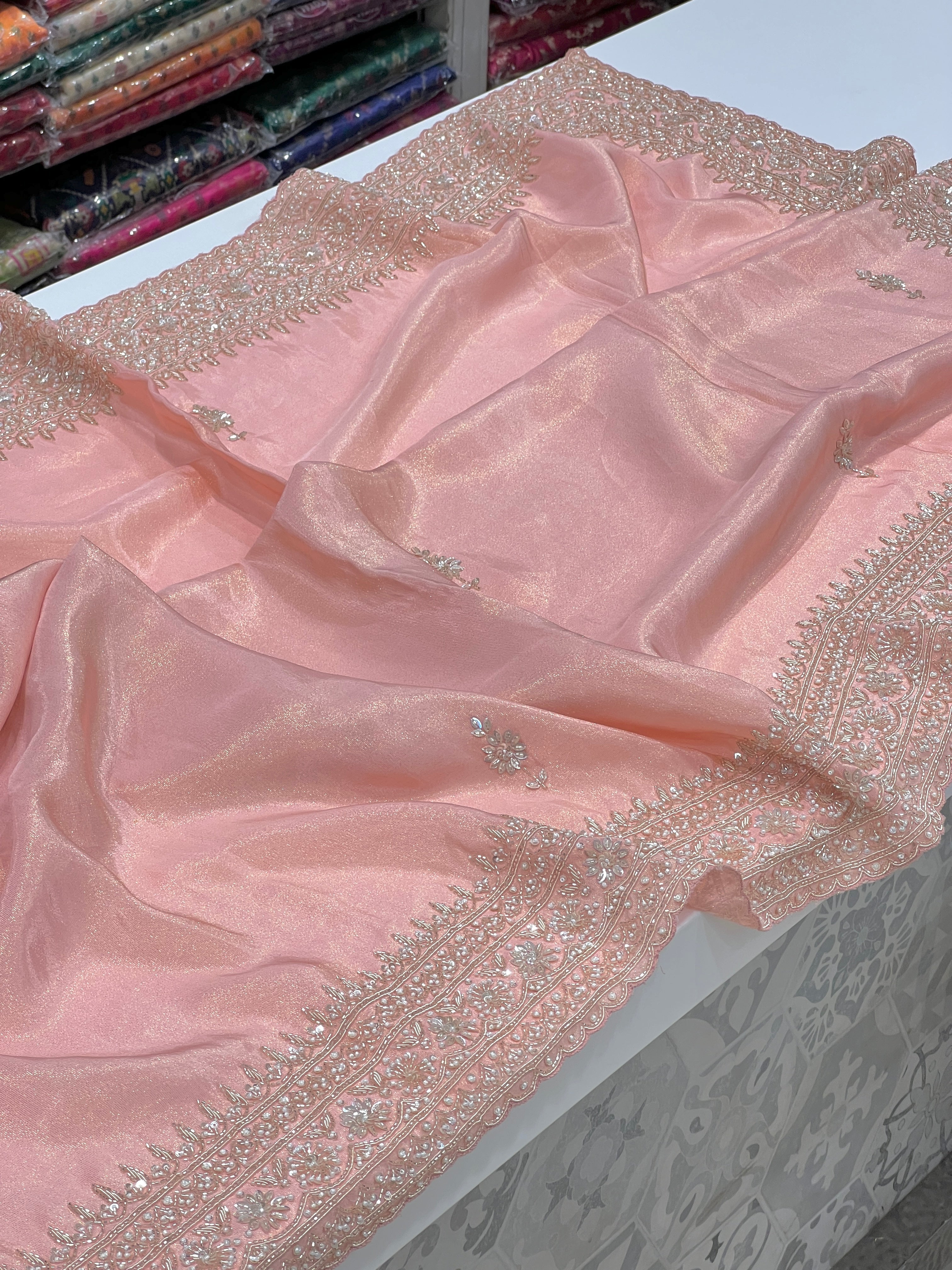 Pink Kareena Kapoor Inspired Crepe Tissue Embroidery Saree 2.0