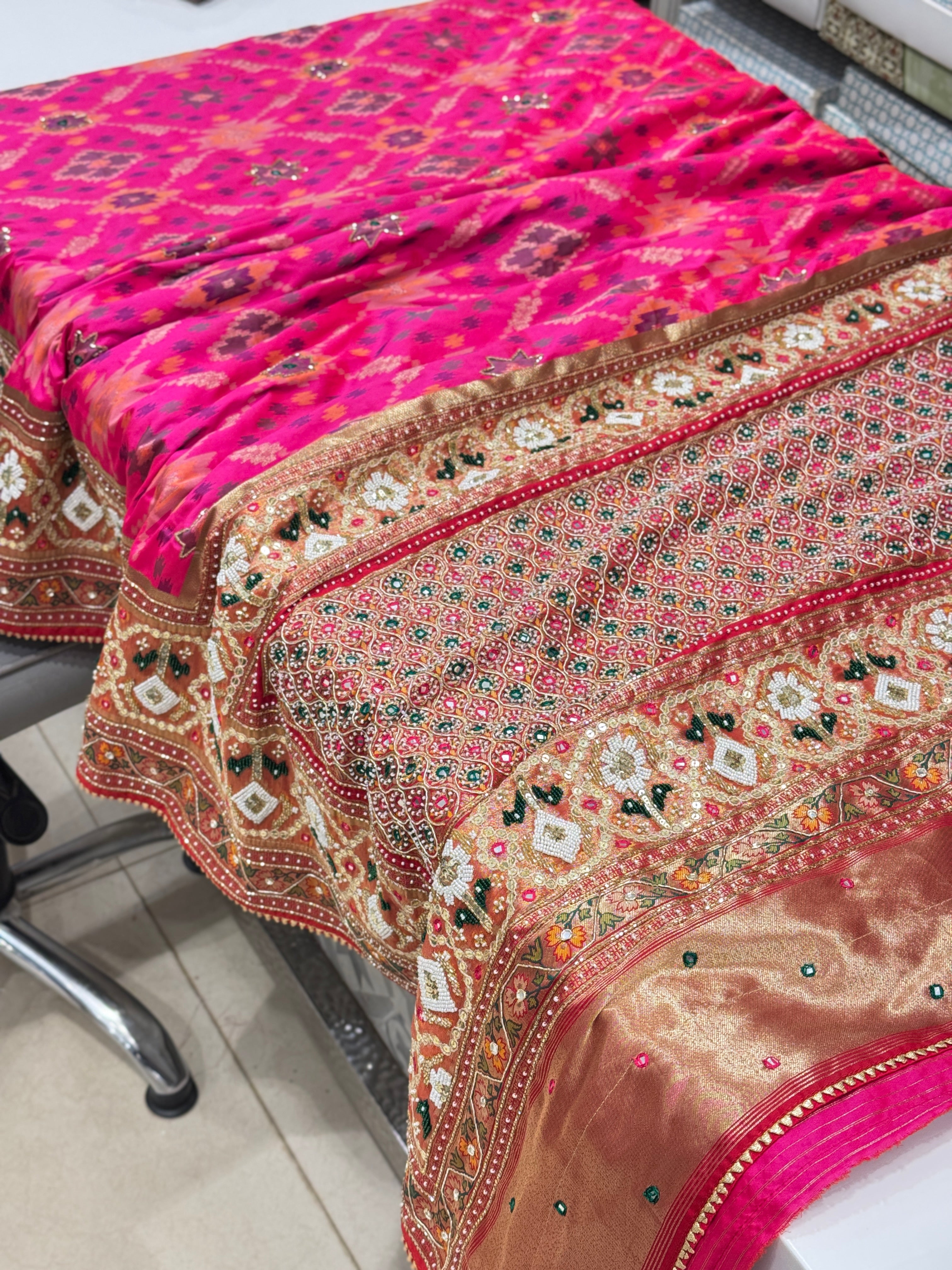 Rani Patola Kutchi Moti Embroidery Saree