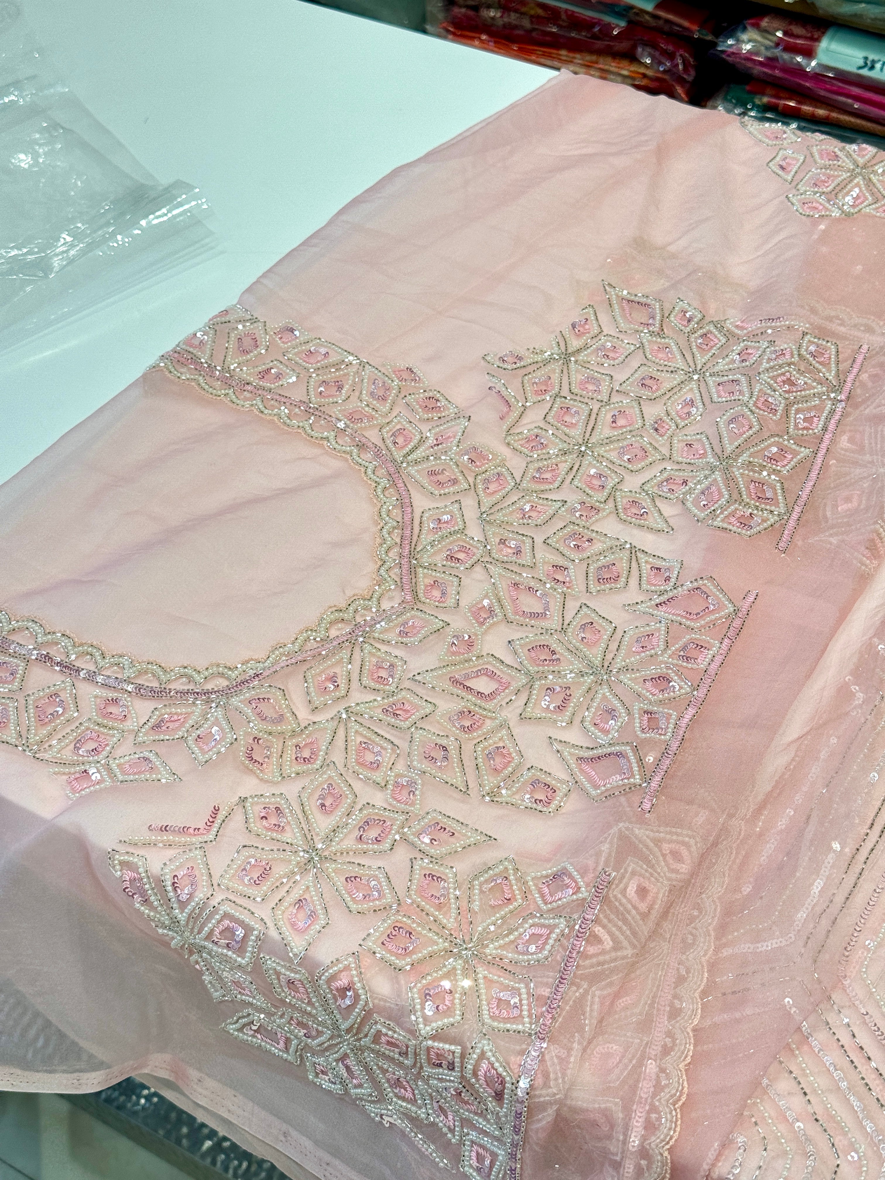 Pink Organza Moti Sequin Embroidery Saree
