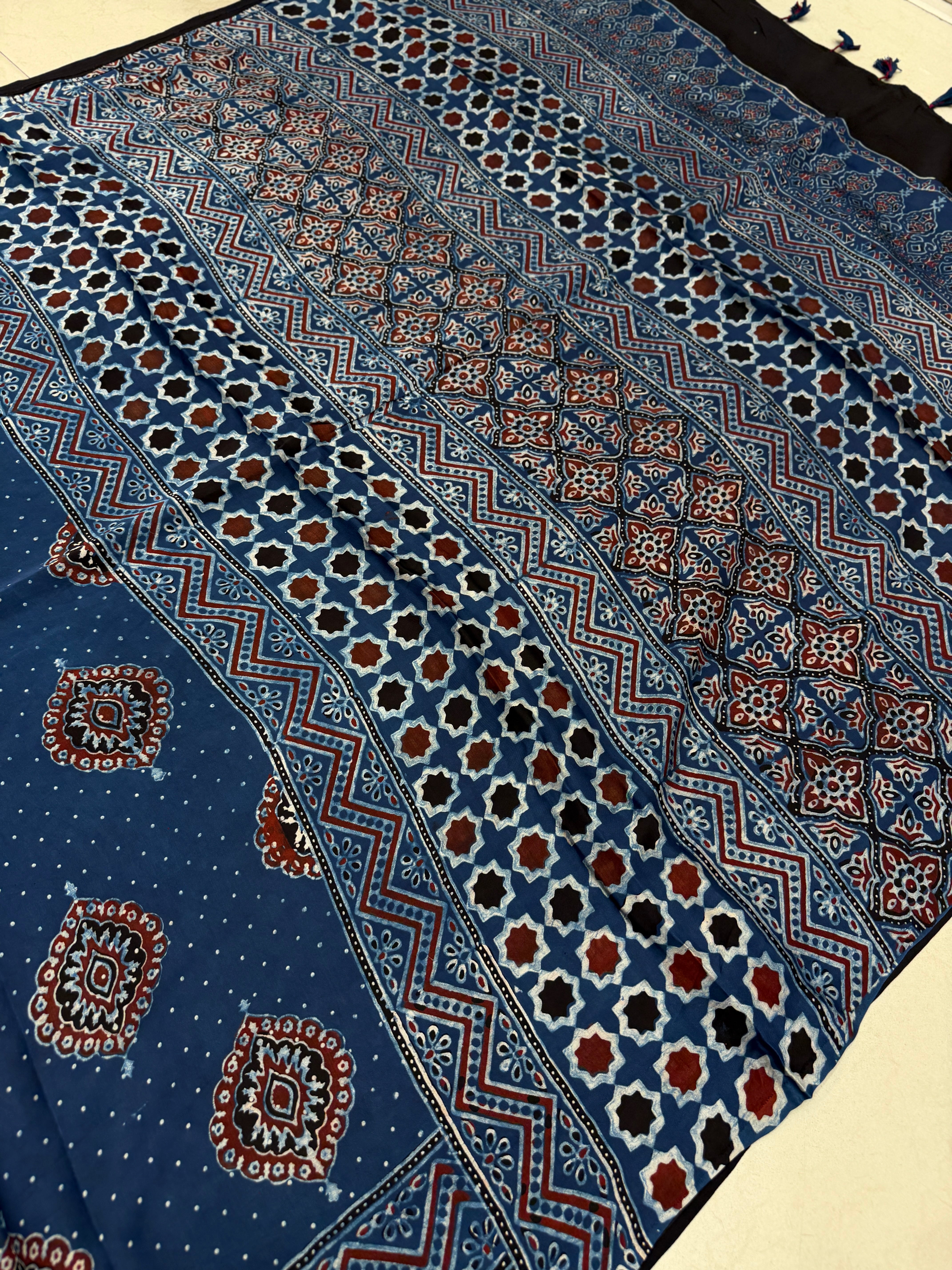 Blue Badam Butta Ajrakh Hand Block Print Pure Gajji Silk Saree