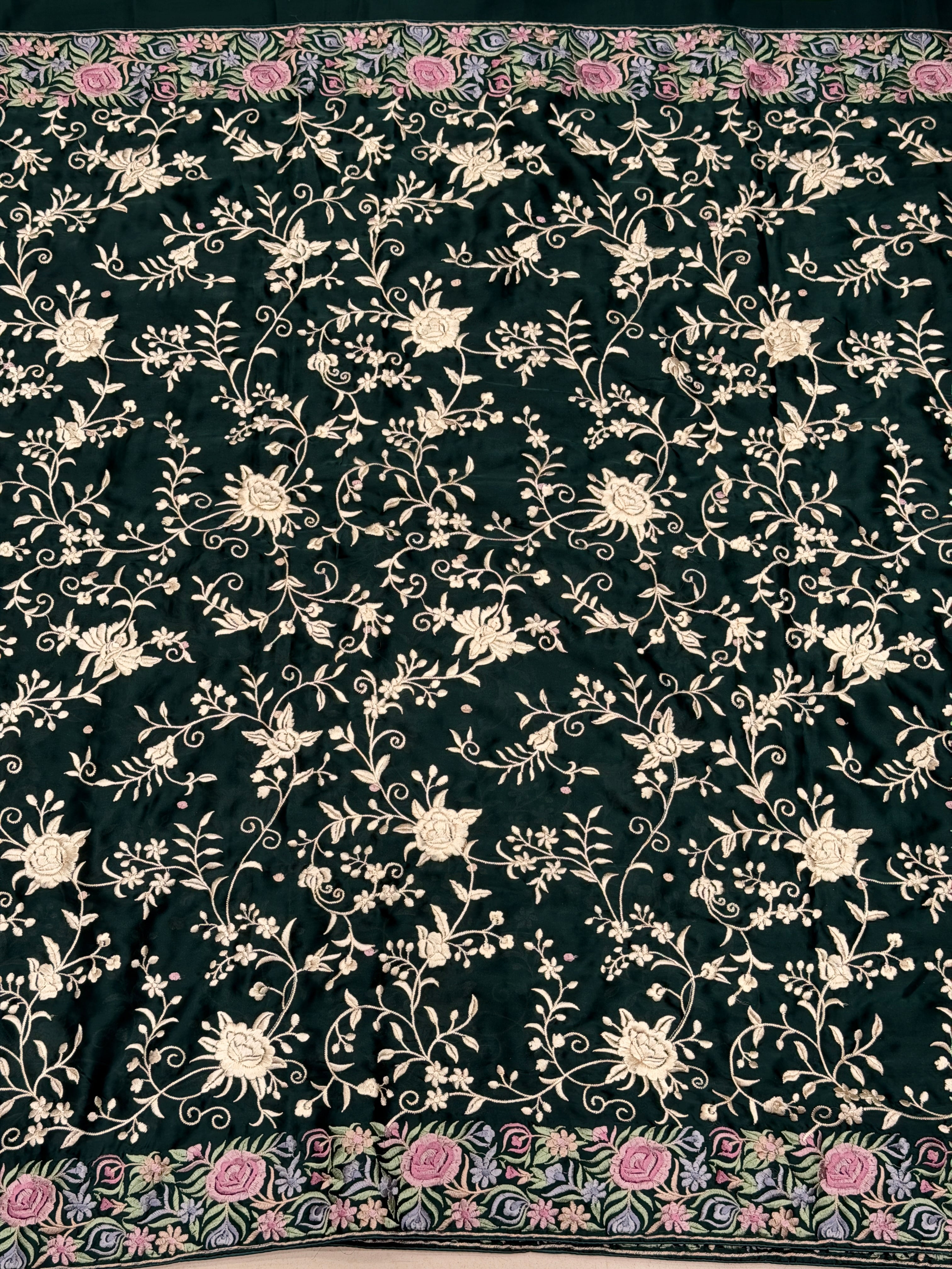 Bottle Green Crepe Floral Multi Resham Border Parsi Gara Saree
