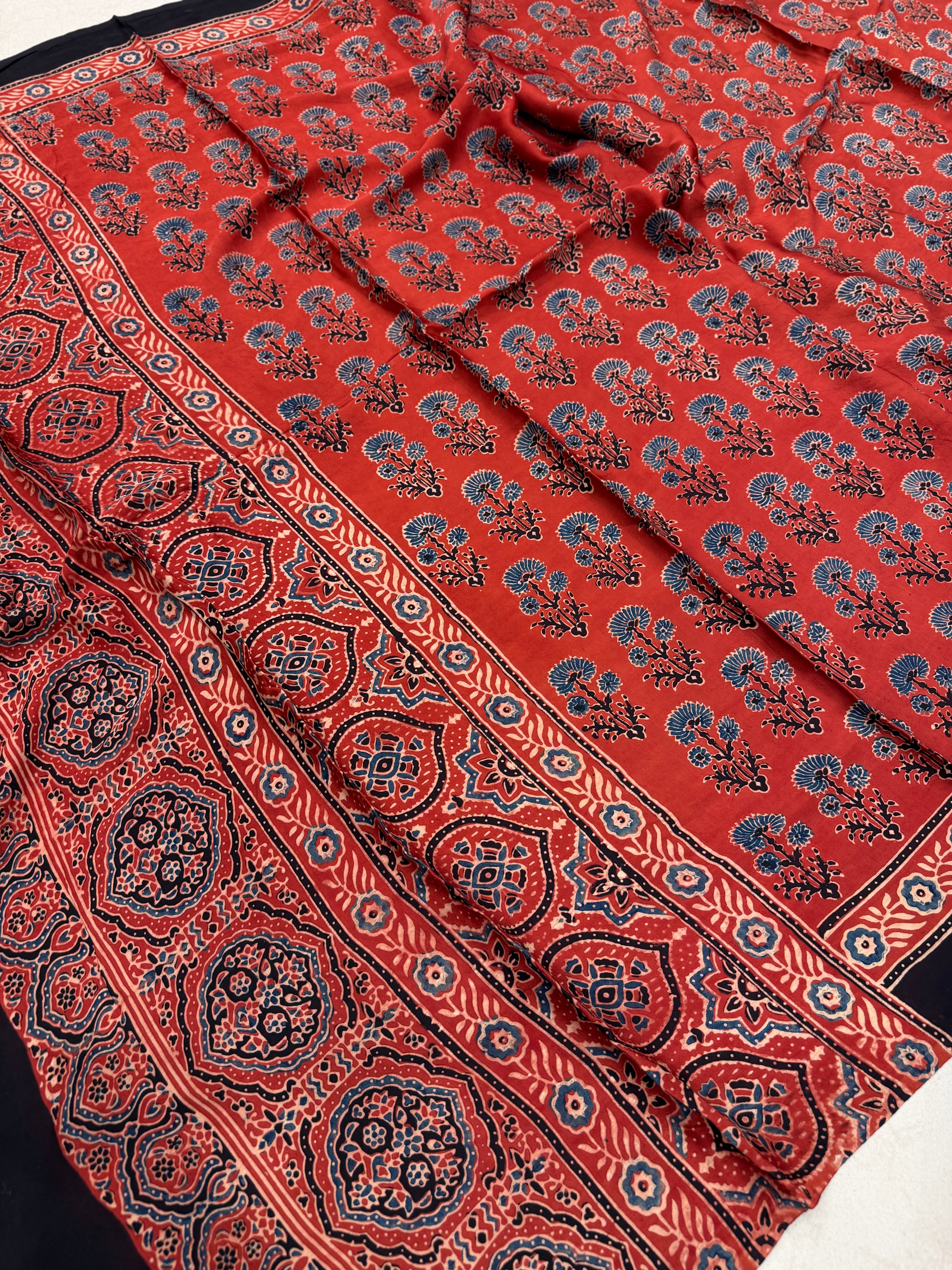 Red Butta Ajrakh Hand Block Print Pure Gajji Silk Dupatta