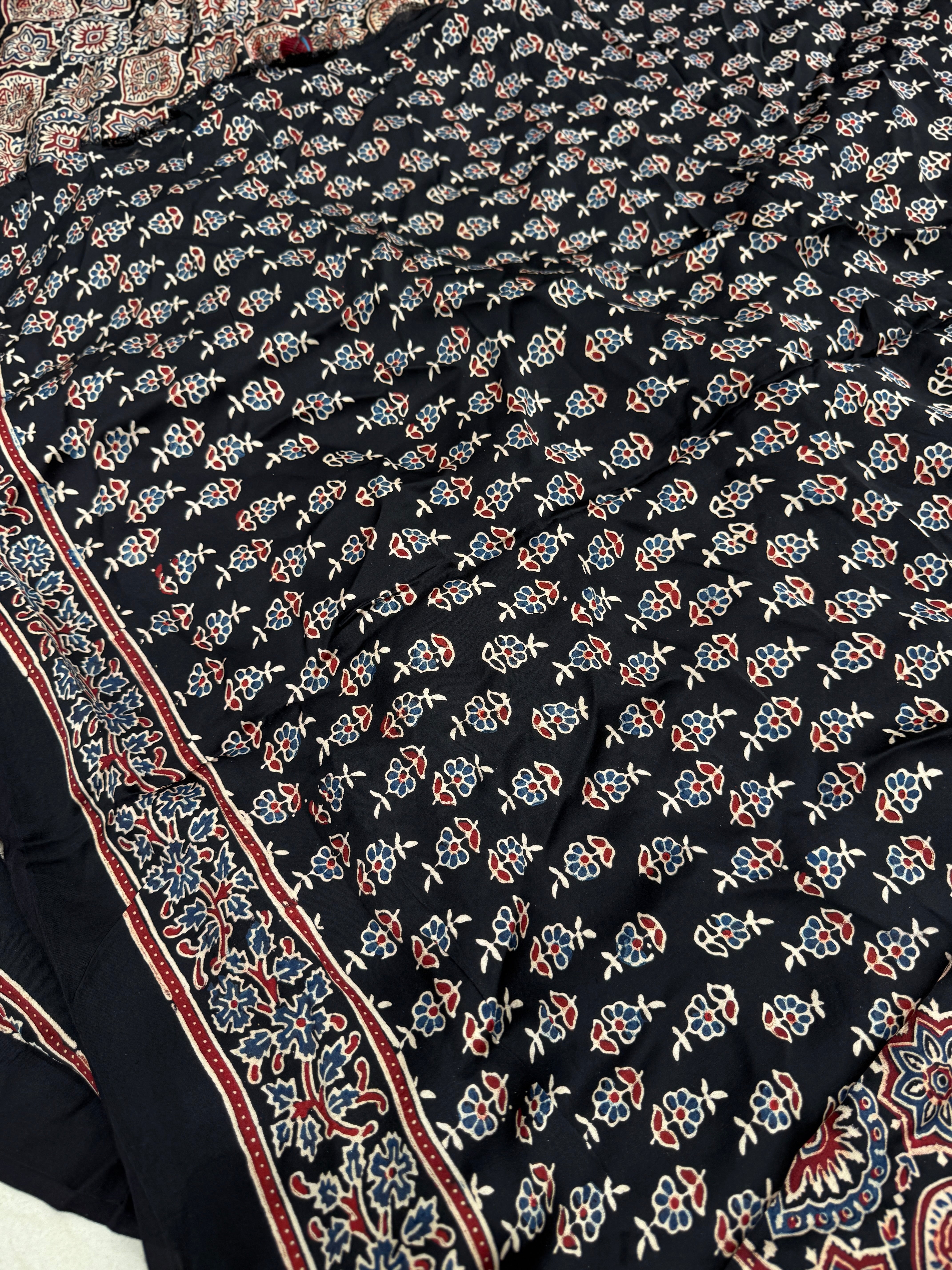 Black Badam Jaal Ajrakh Block Print Hand Pure Gajji Silk Saree
