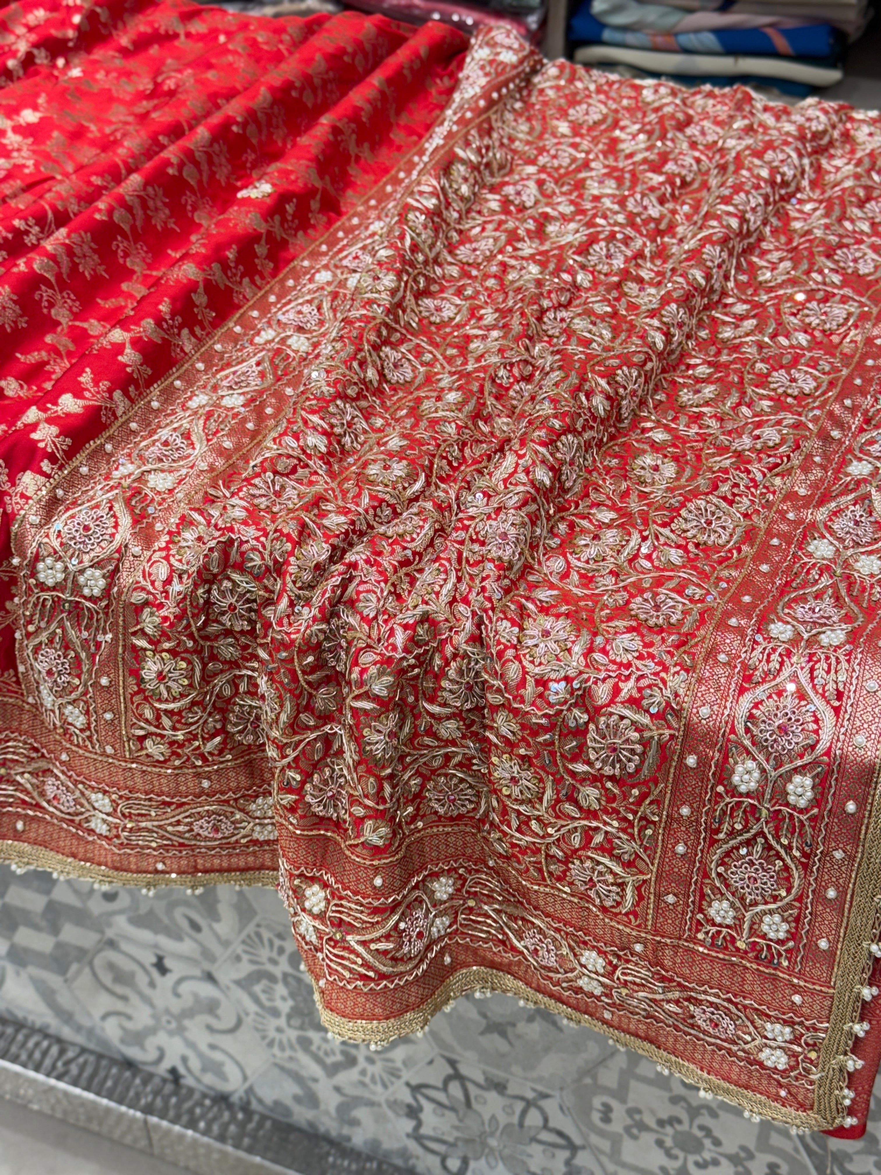 Red Banarasi Jaal Hand Embroidery Crystal Zardosi Saree