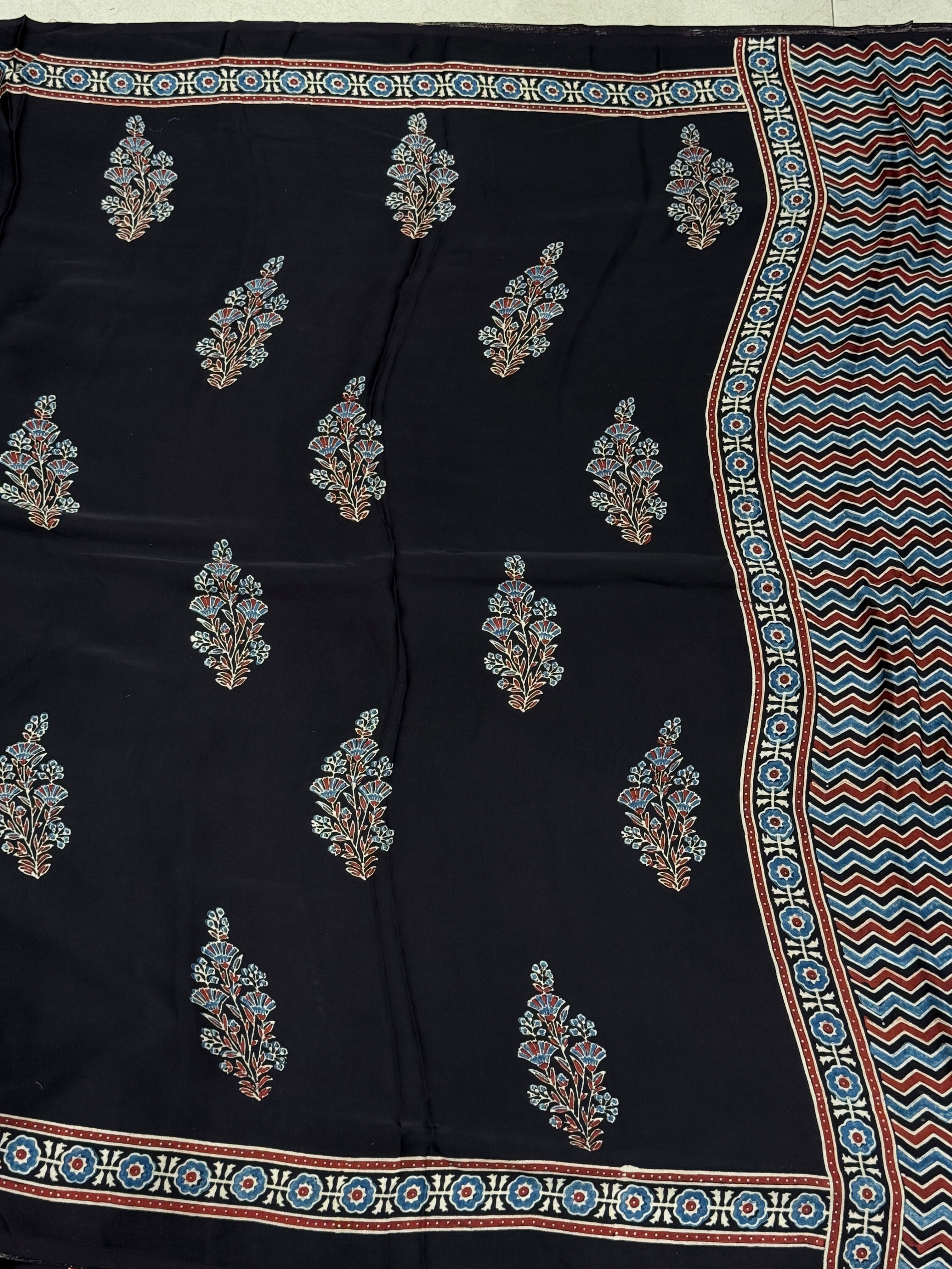 Black Floral Big Buttas Ajrakh Block Print Hand Pure Gajji Silk Saree