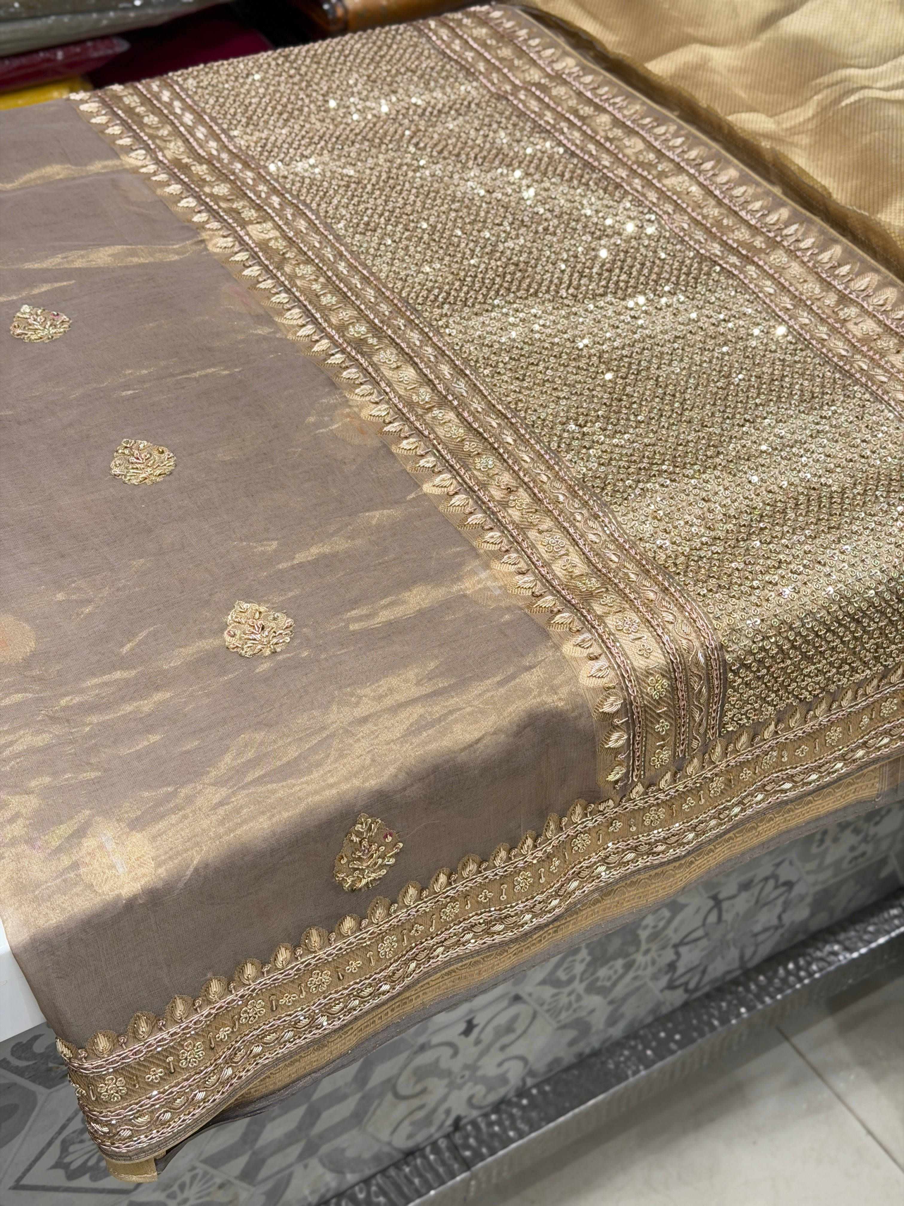 Champagne Meenakari Banarasi Tissue Handloom Kadwa Weave Zardosi Embroidery Saree
