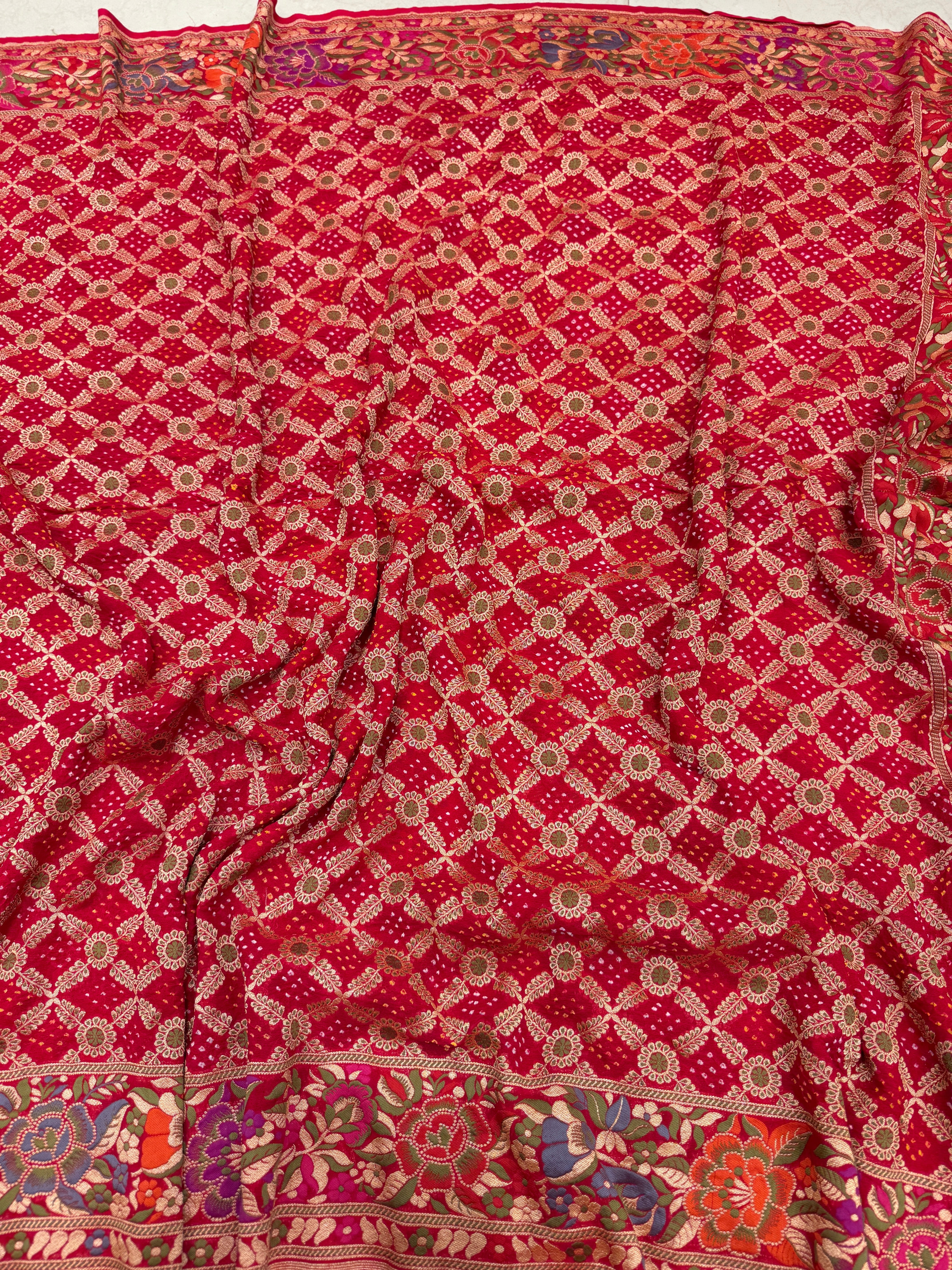 Red Meenakari Floral Rai Bandhej Georgette Bandhini Saree