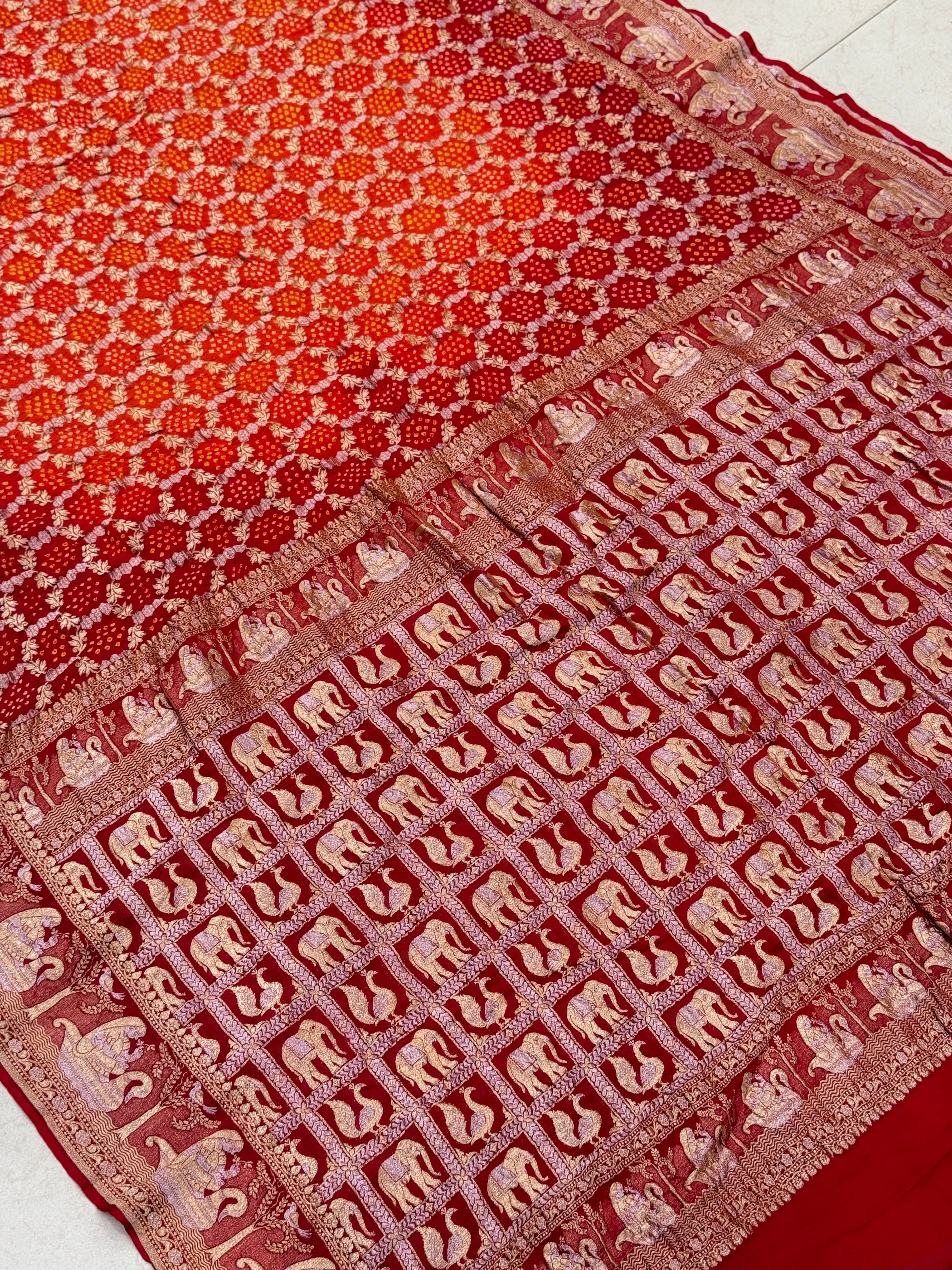 Orange Red Shaded Doli Border Sona Roopa Rai Bandhej Georgette Bandhini Saree