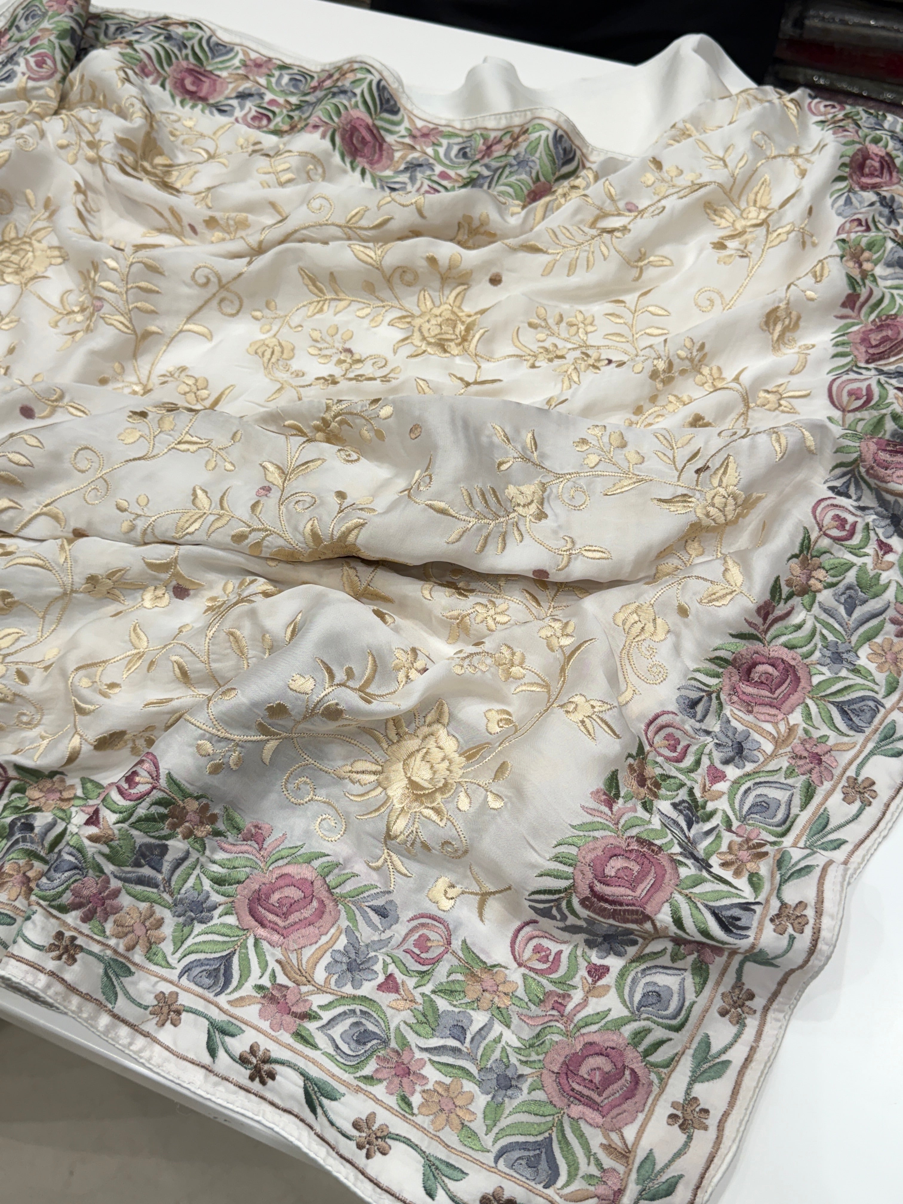 White Georgette Multi Colour Jaal Parsi Gara Saree