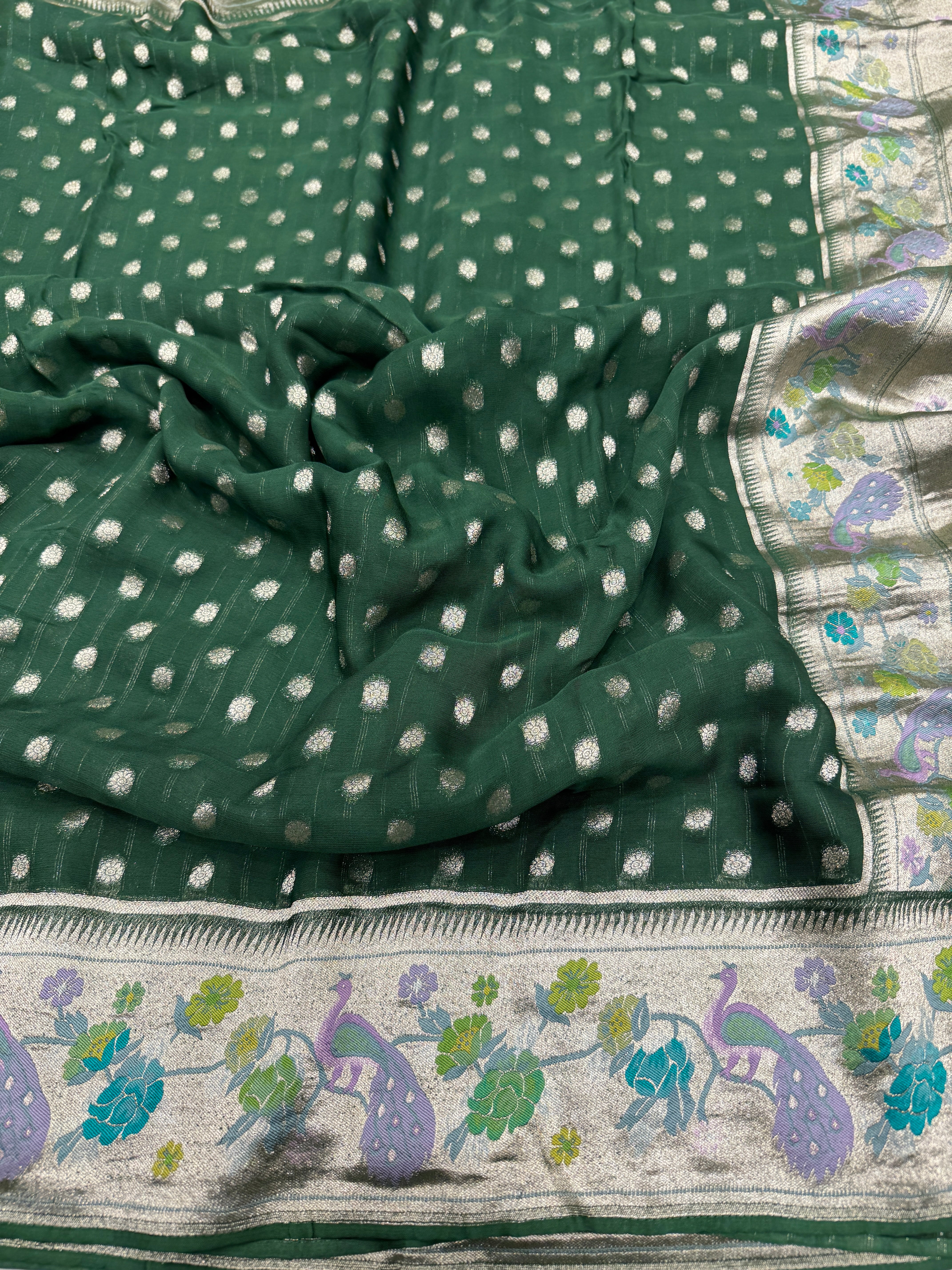 Bottle Green Georgette Paithani Saree