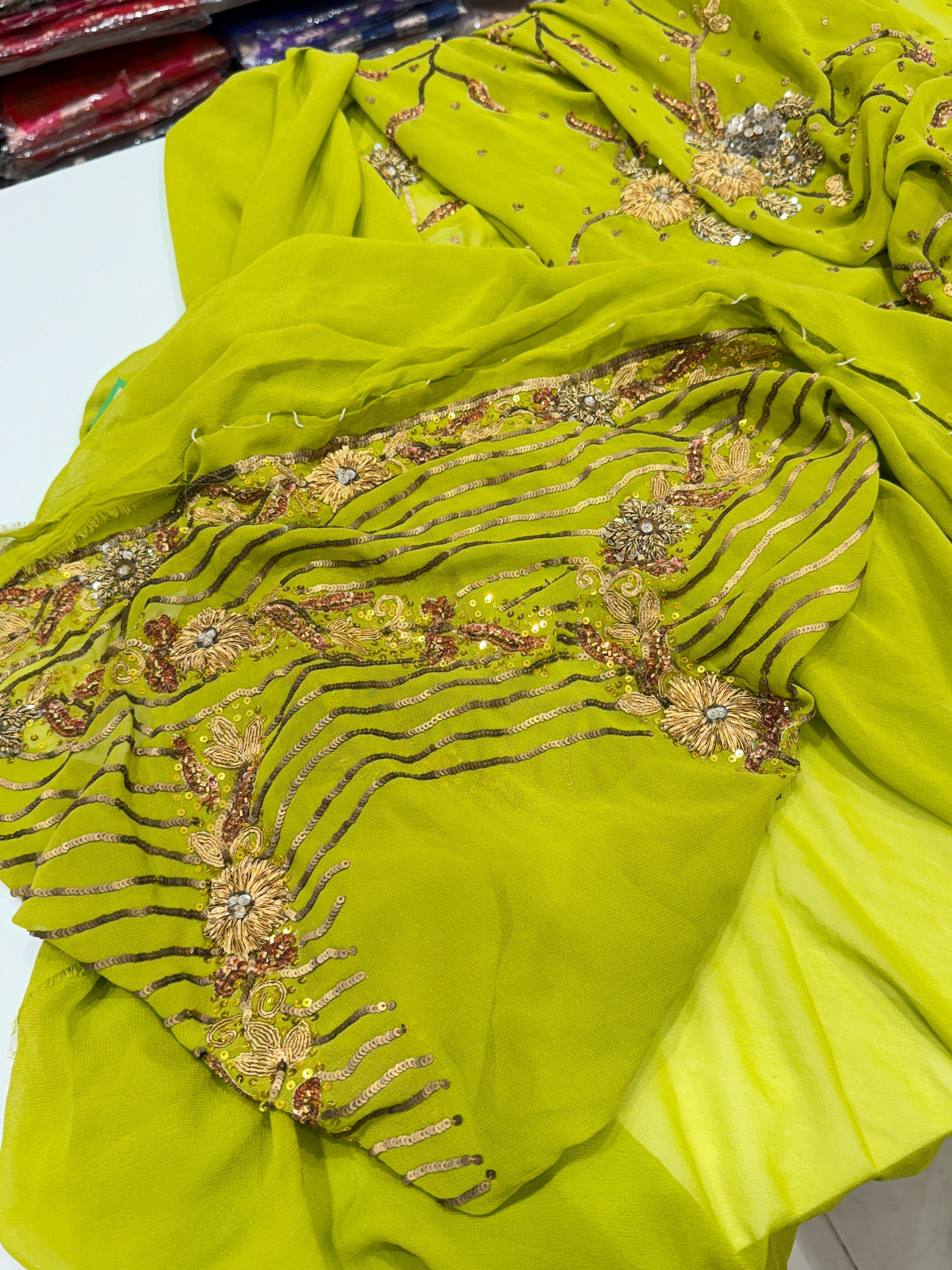 Green Georgette Antique Zardosi Hand Embroidery Saree