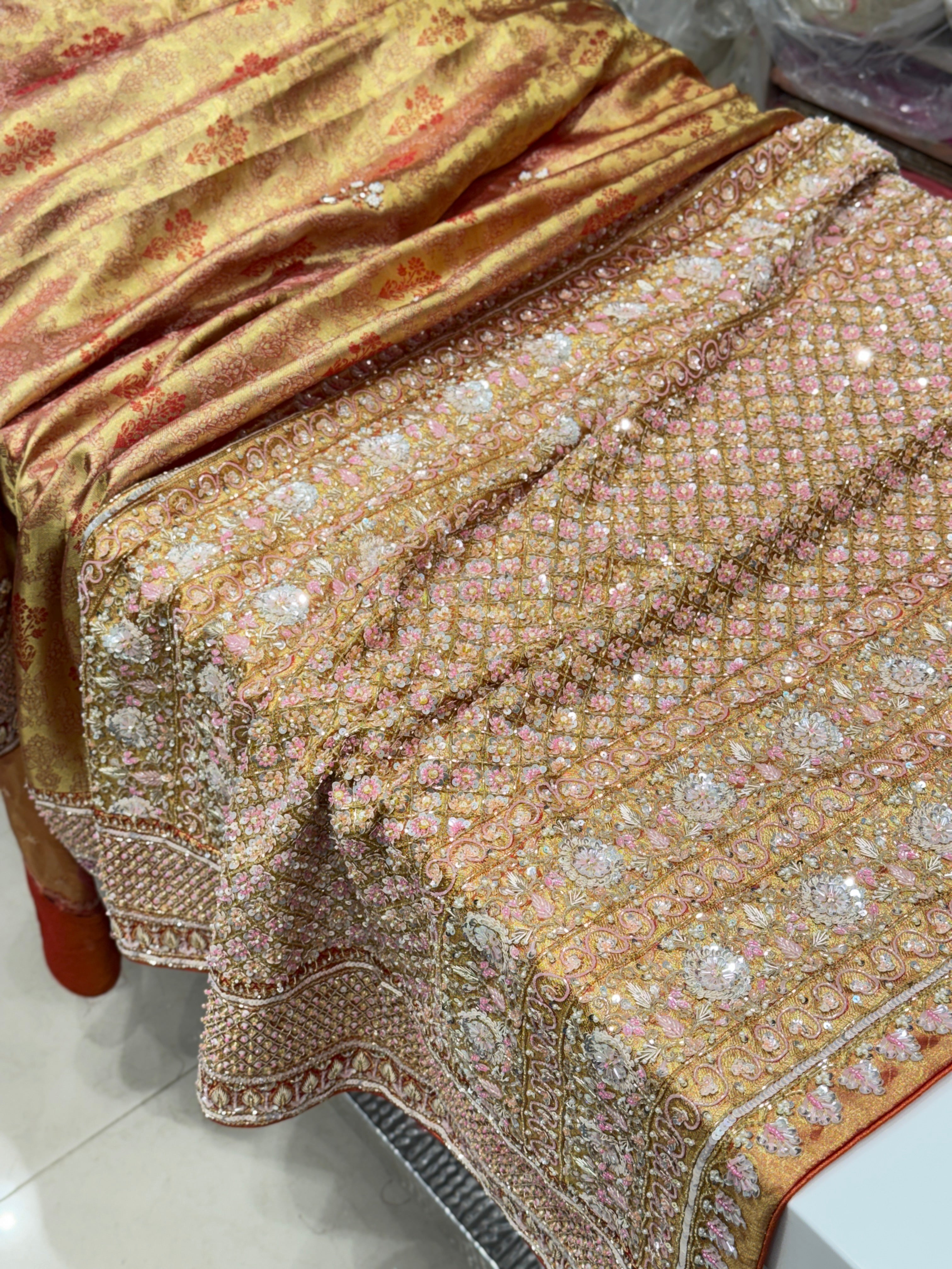 Red Jaal Tissue Kanjivaram Hand Embroidery Saree