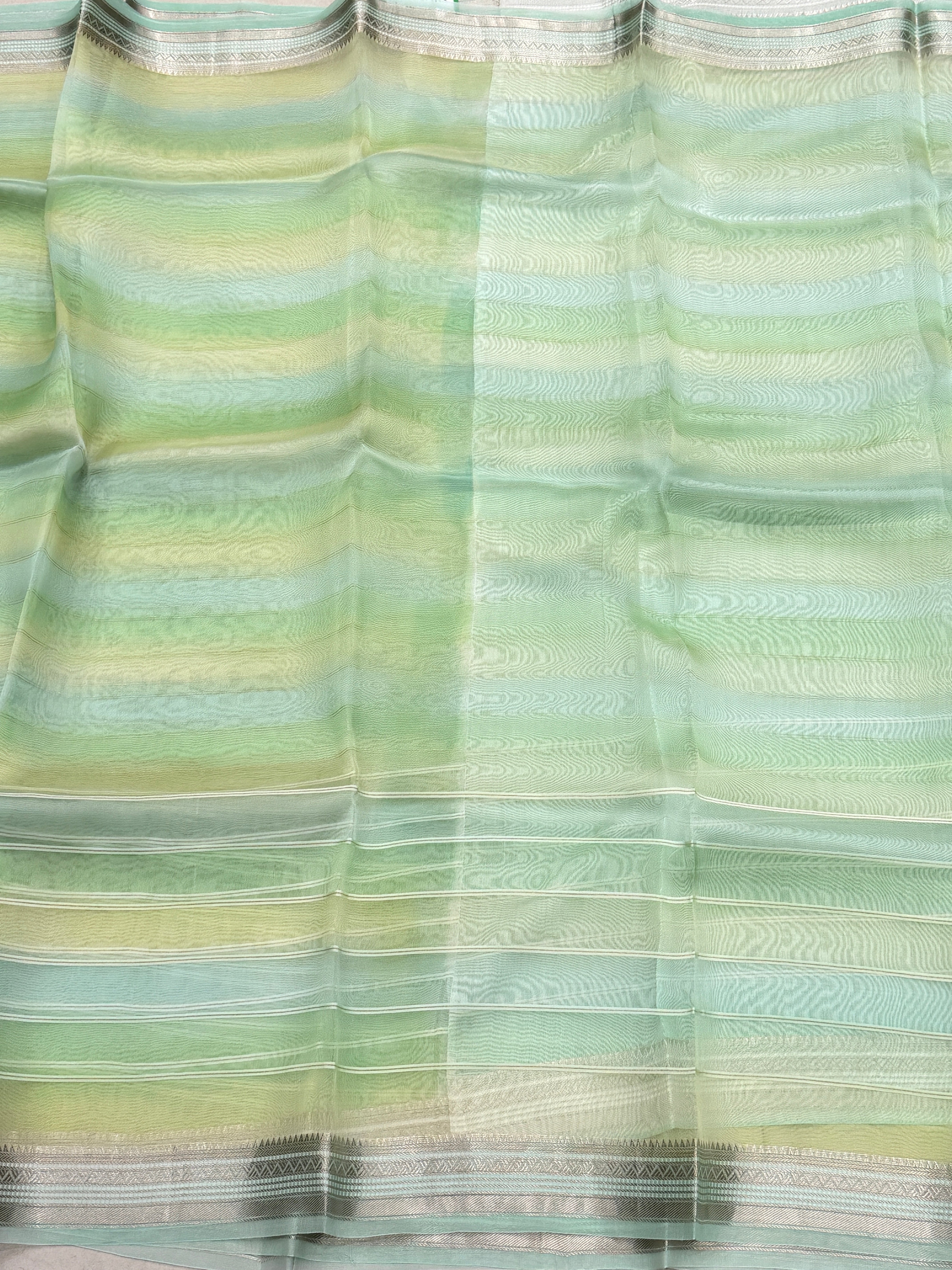 Green Shaded Leheriya Handloom Pure Kora Silk Banarasi Saree