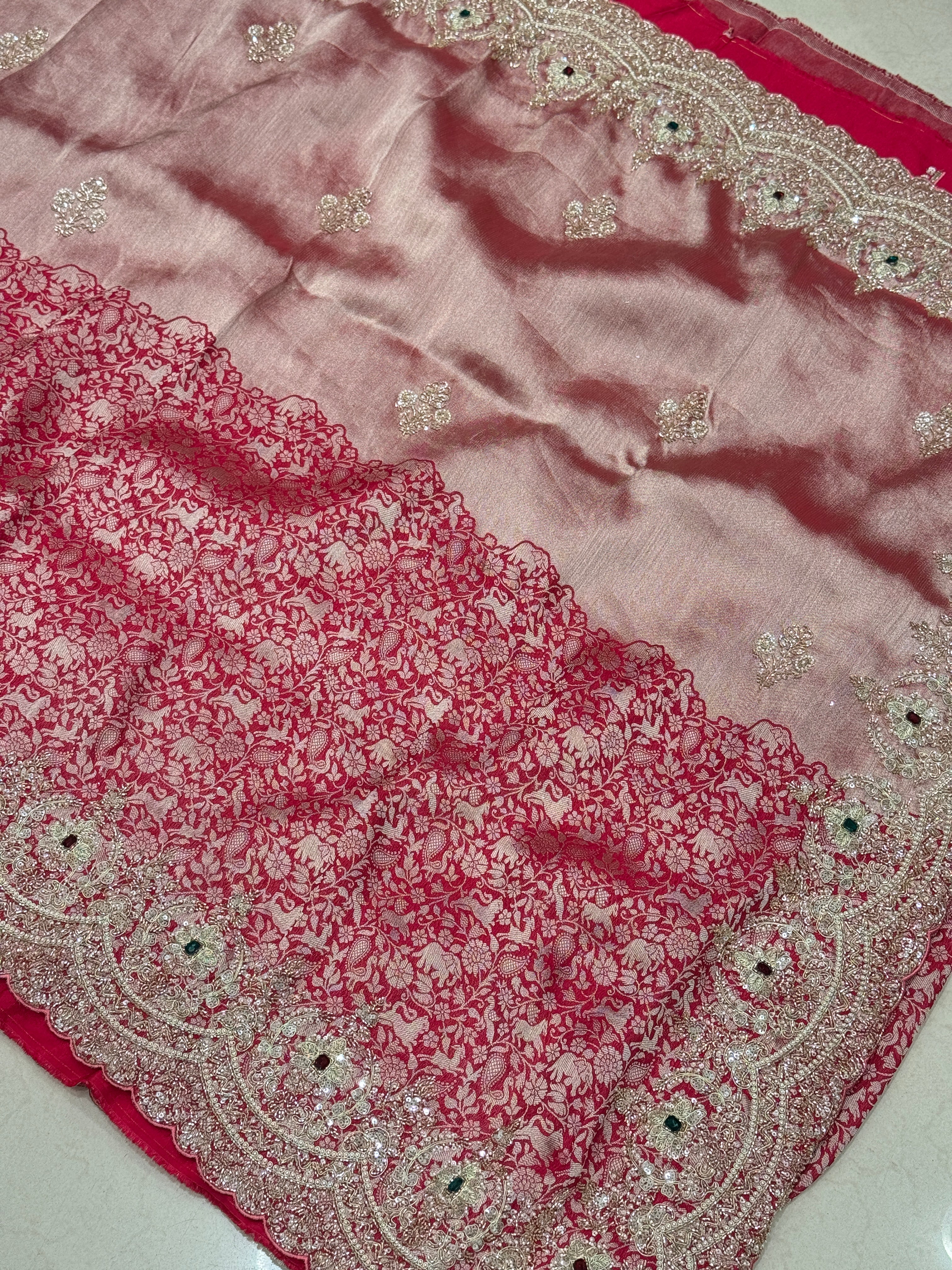 Red Shikara Munga Tissue Embroidery Saree