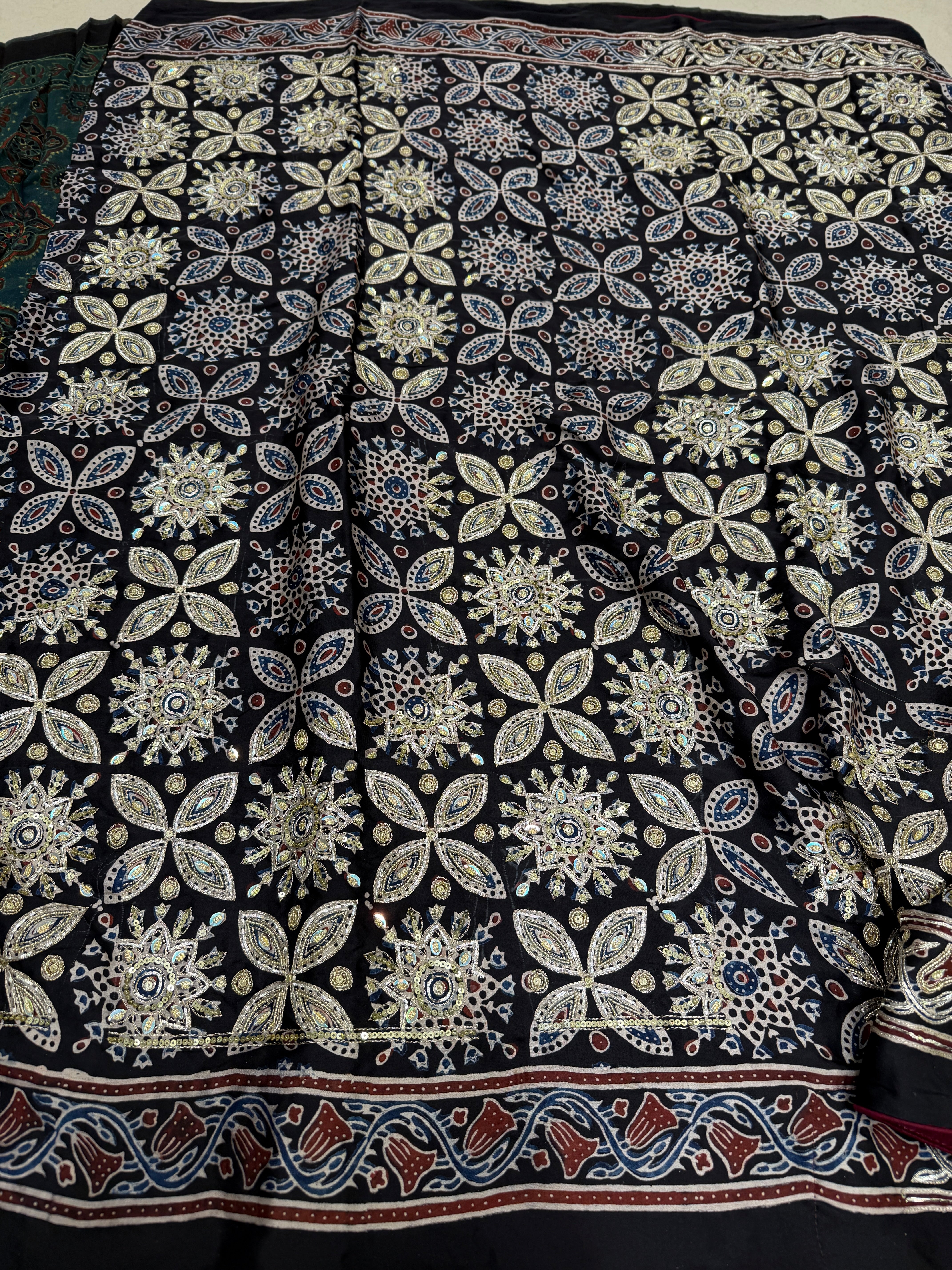 Green Jaal Pita Zardosi Sequin Ajrakh Hand Embroidery Saree