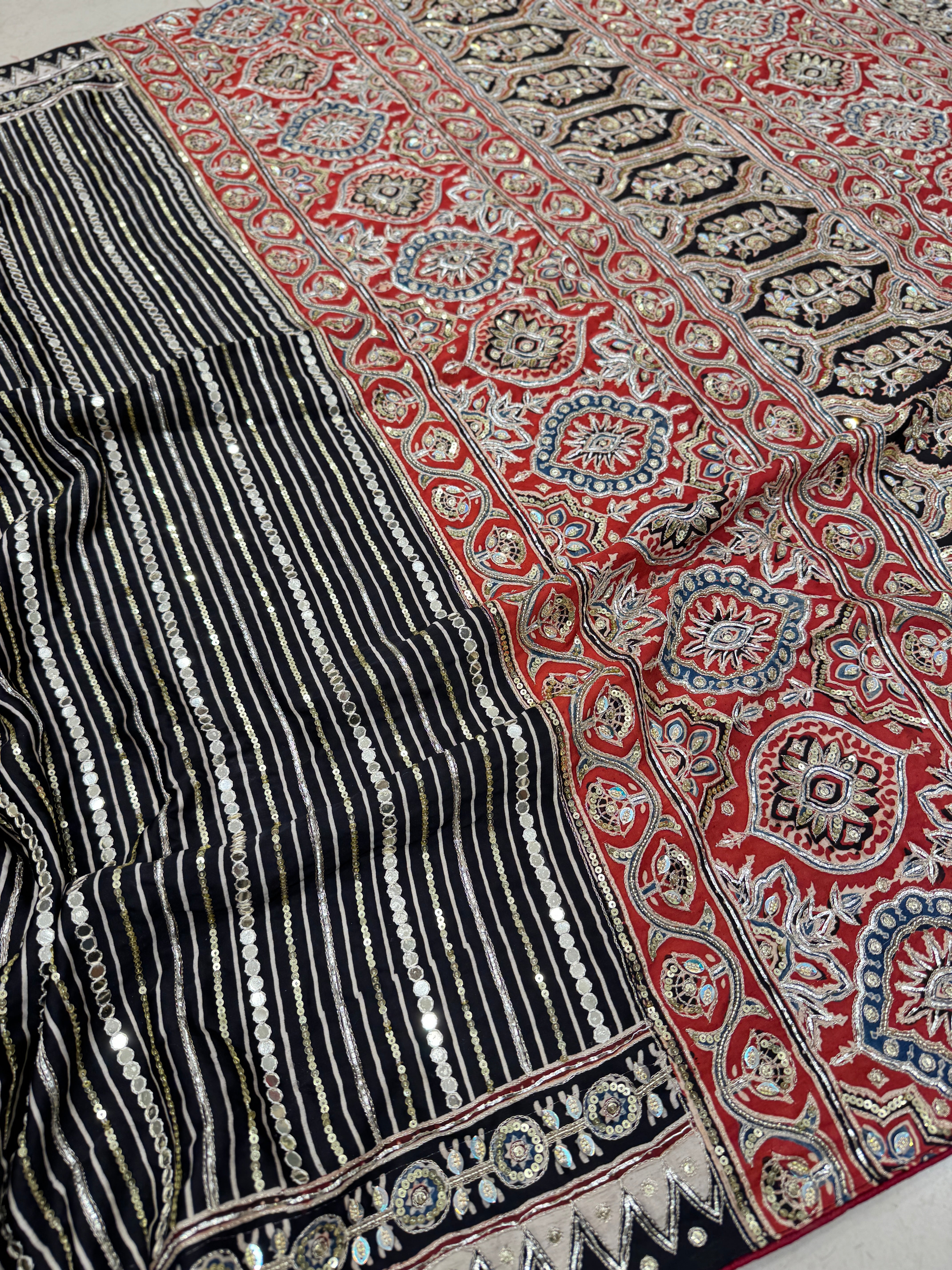 Black Red Contemporary Mirror Ajrakh Hand Embroidery Saree