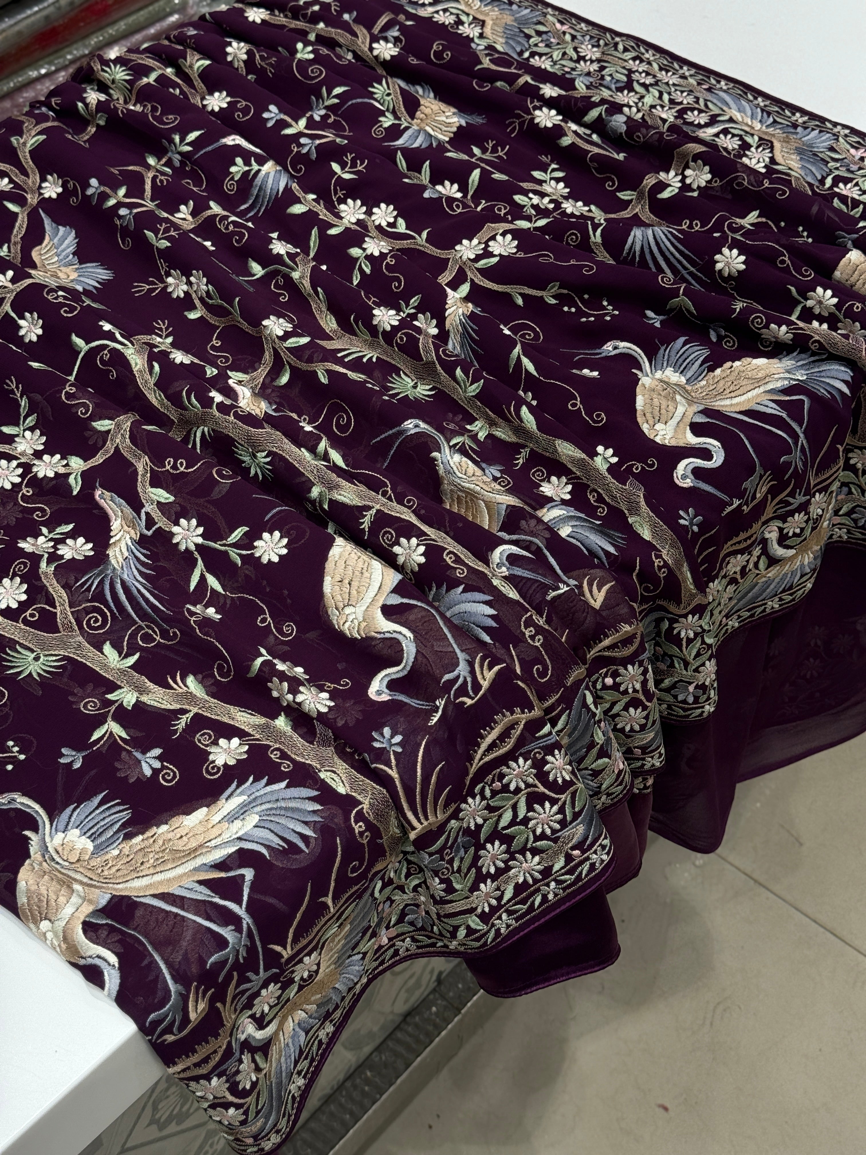 Wine Tree Of Life Flamingo Parsi Gara Saree