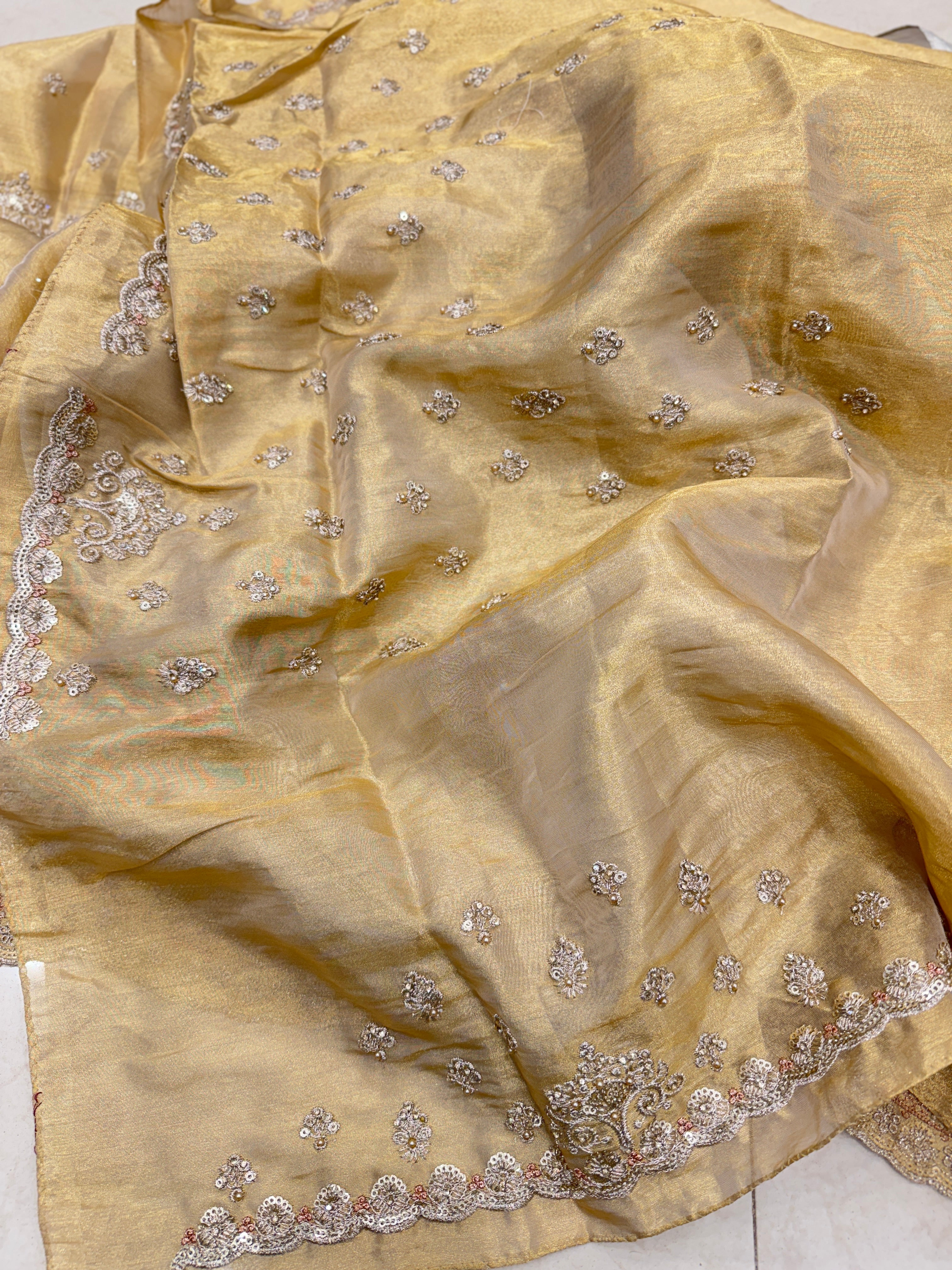 Golden Silver Soft Tissue Pita Scallop Embroidery Saree