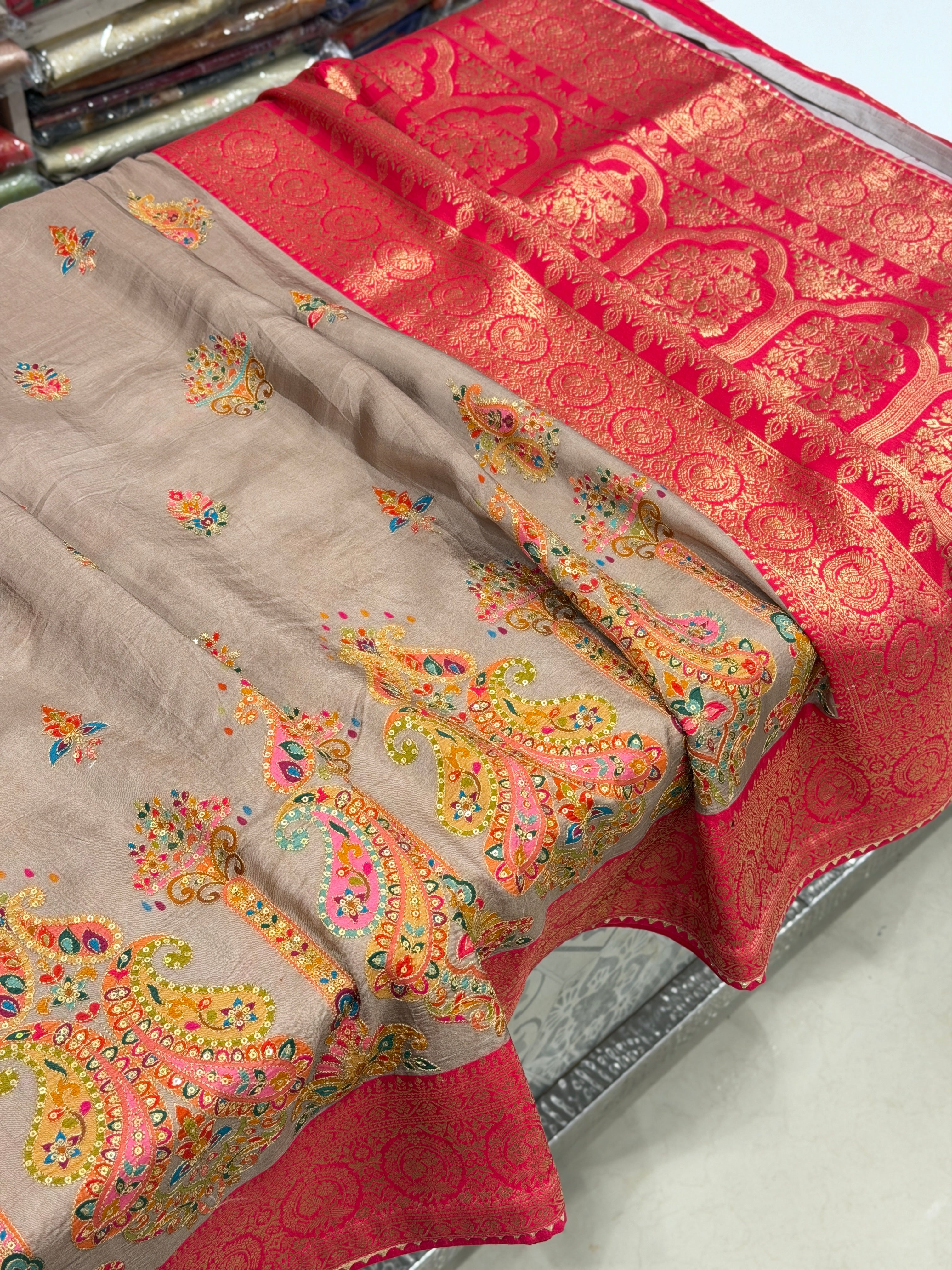 Grey Contemporary Banarasi Munga Pita Embroidery Saree