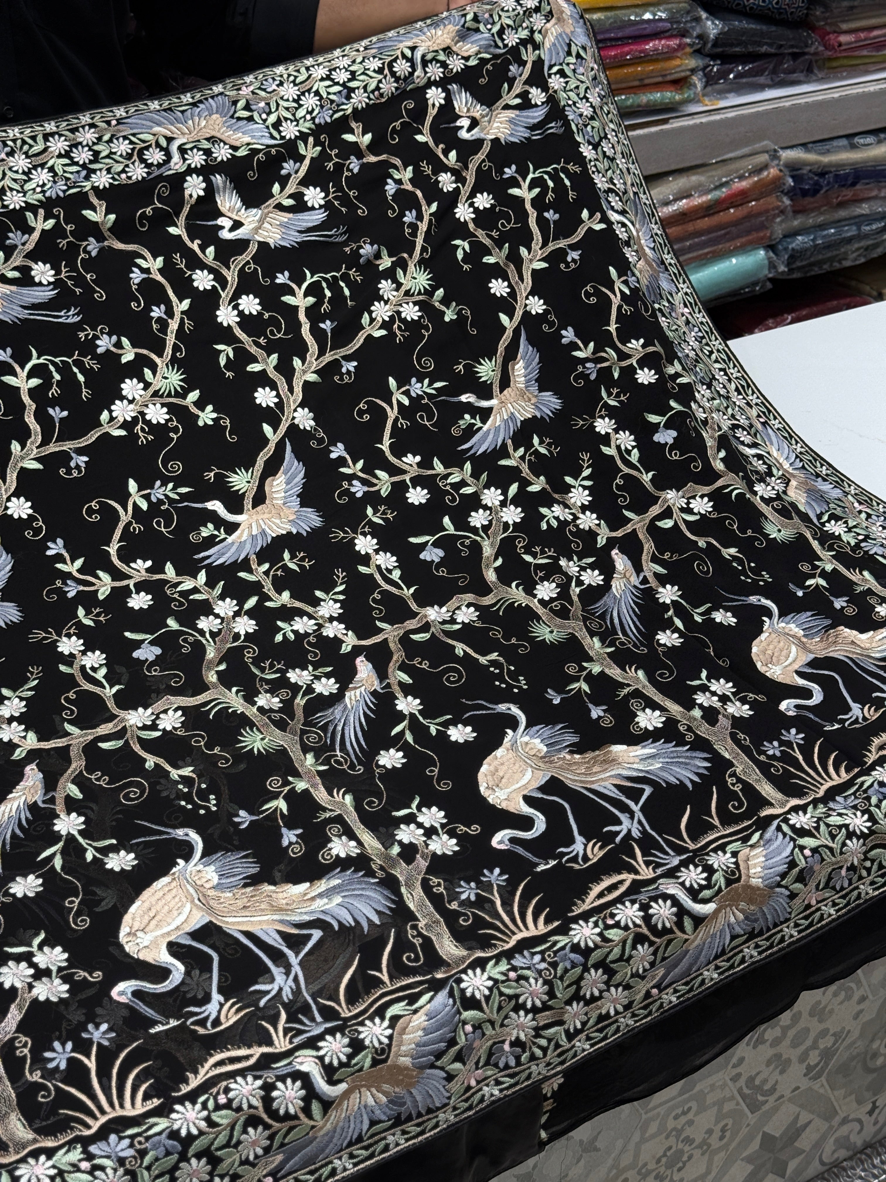 Black Tree Of Life Flamingo Parsi Gara Saree