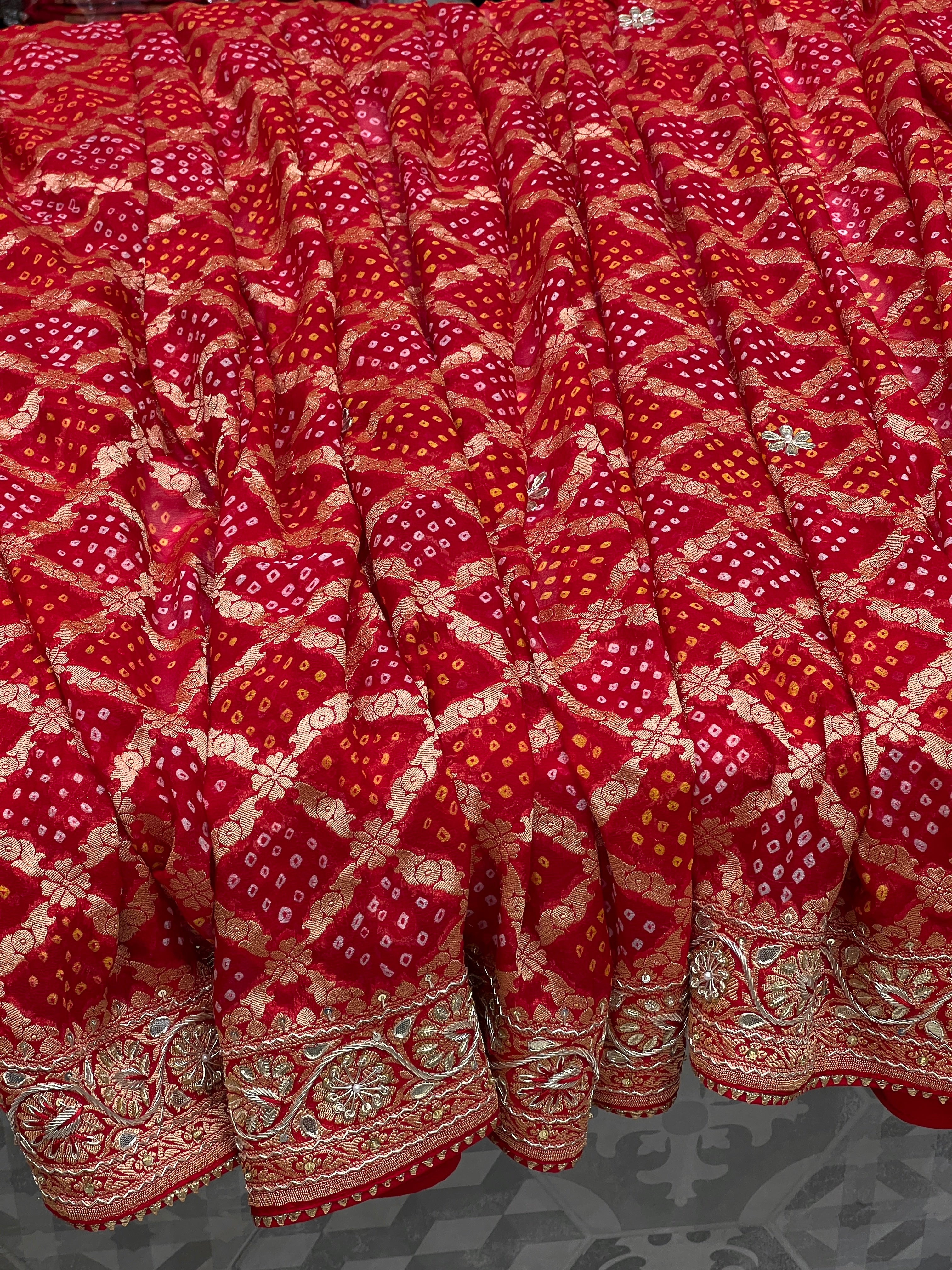 Red Bandhej Resham Zardozi Hand Embroidery Saree