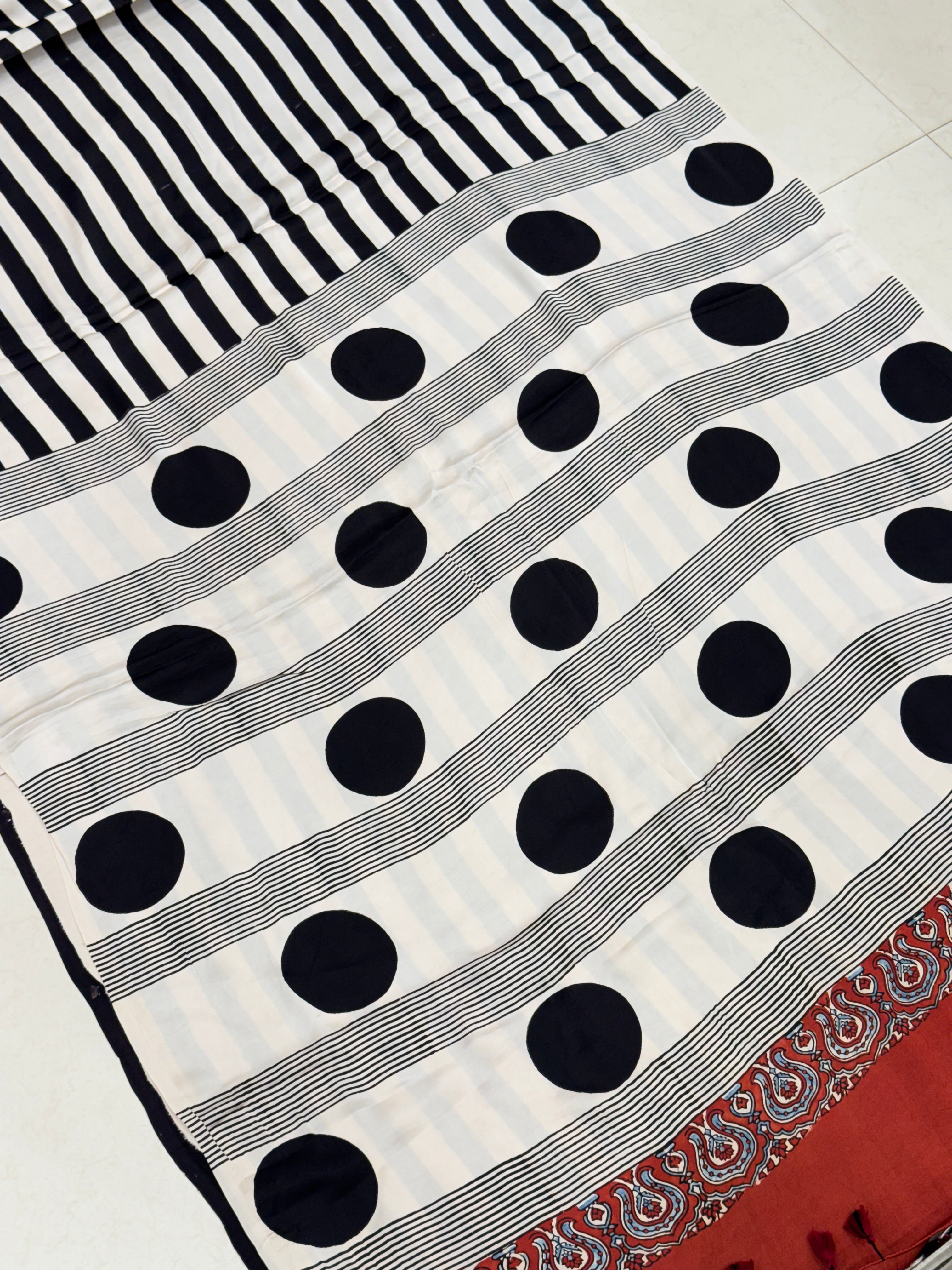 Black and White Contemporary Ajrakh Hand Block Print Pure Gajji Silk Saree