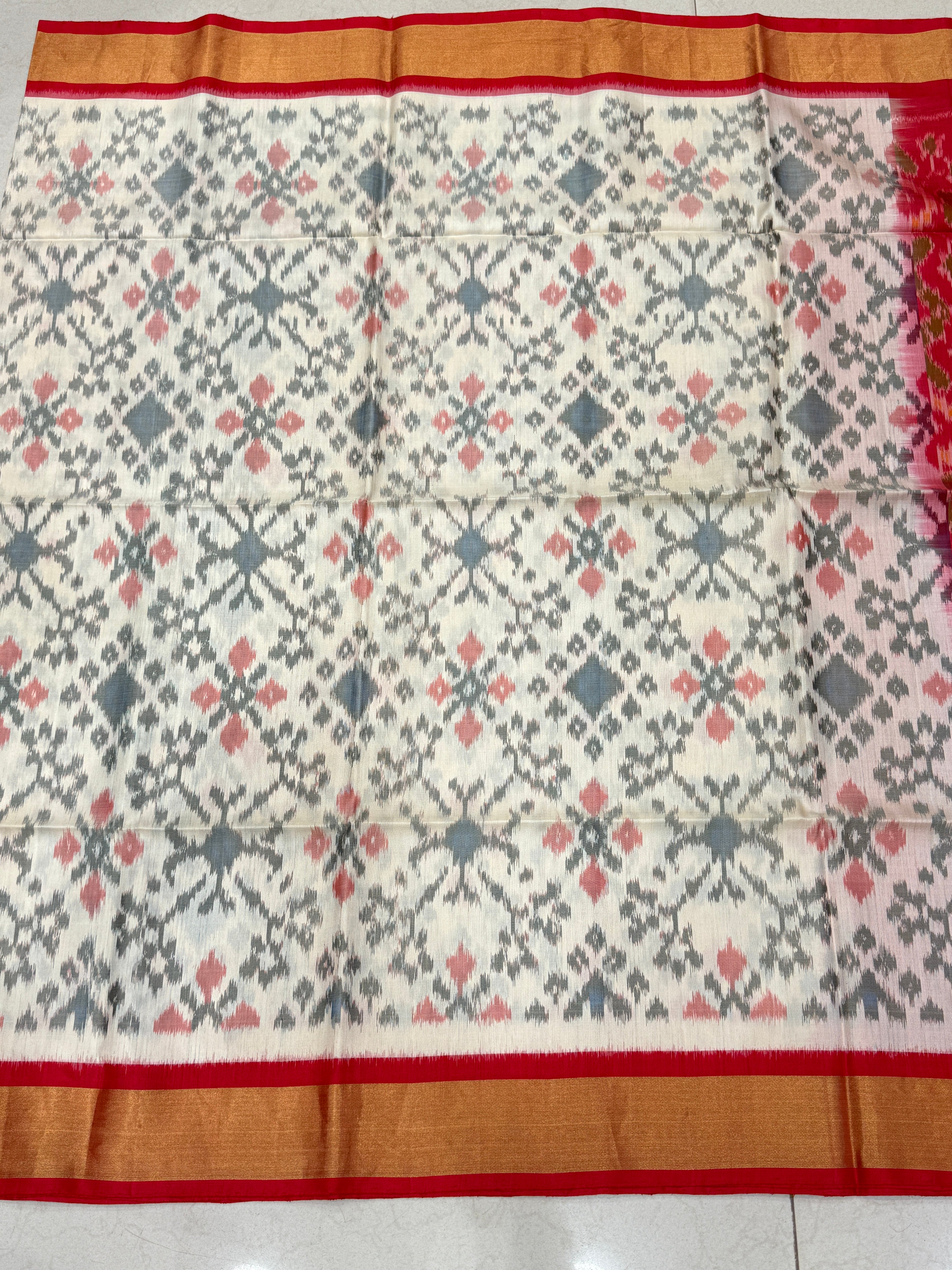 Moti White Red Pochampally Ikat Silk Patola Saree